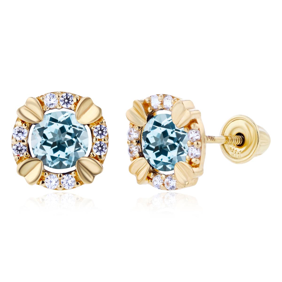 Sterling Silver Yellow 4mm Round Sy Blue Topaz & 1mm Created White Sapphire Halo Screwback Earrings