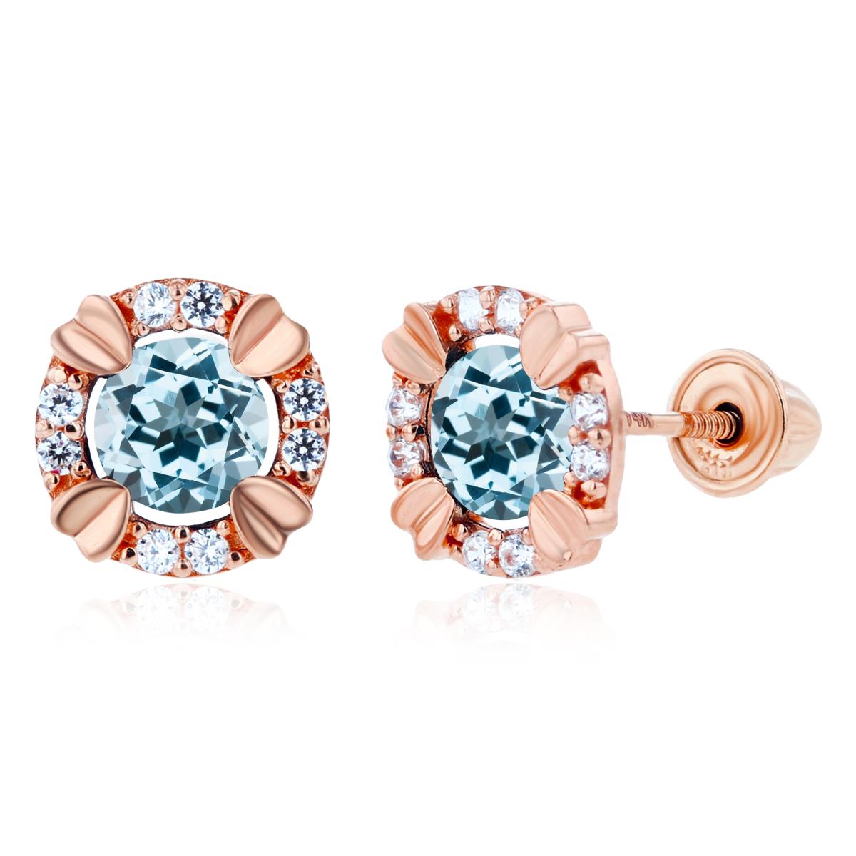 Sterling Silver Rose 4mm Round Sy Blue Topaz & 1mm Created White Sapphire Halo Screwback Earrings