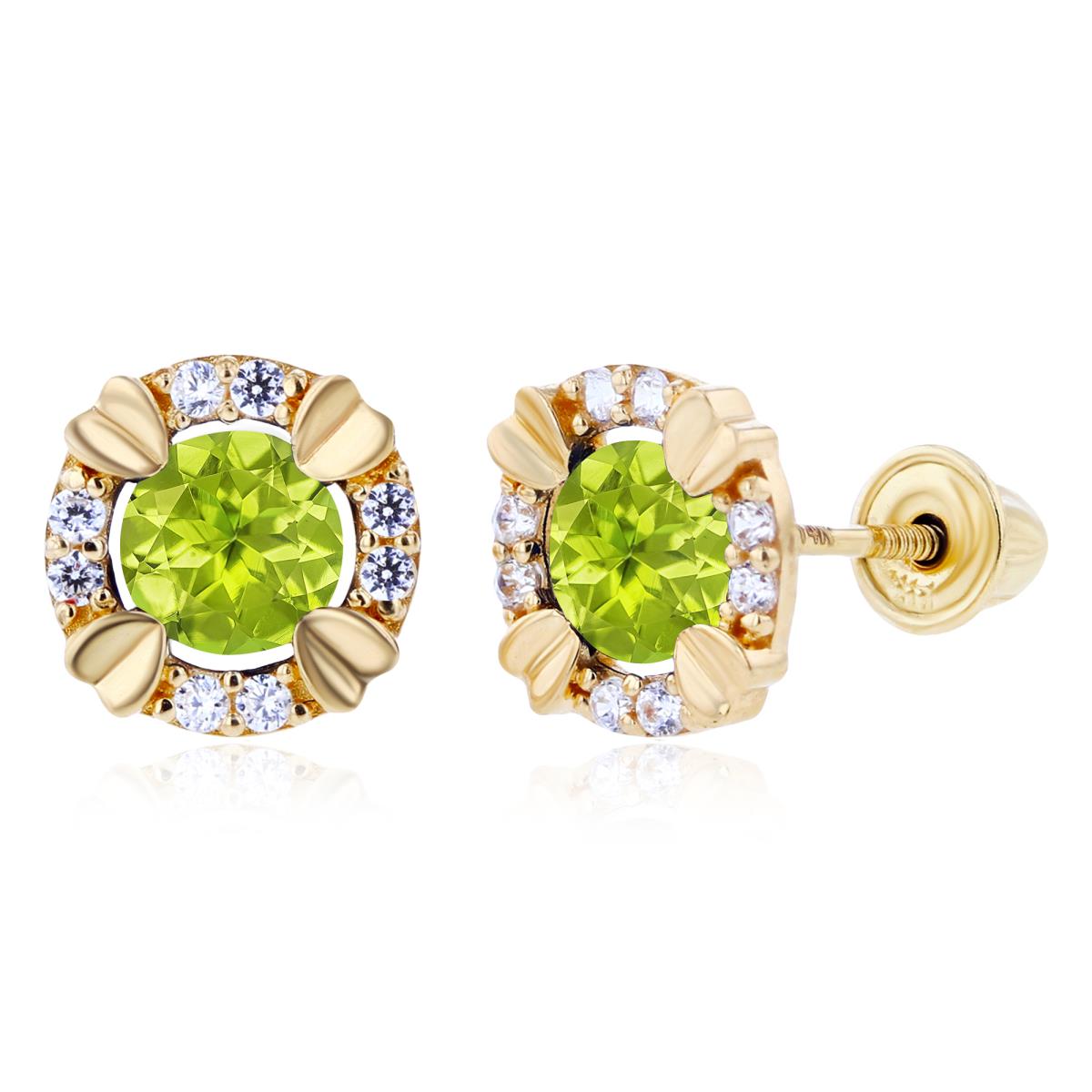 Sterling Silver Yellow 4mm Round Peridot & 1mm Created White Sapphire Halo Screwback Earrings