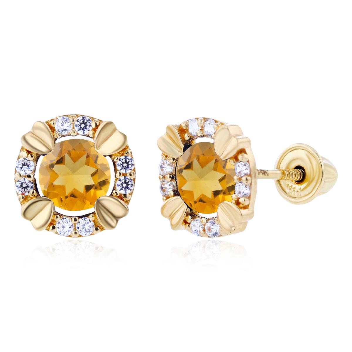Sterling Silver Yellow 4mm Round Citrine & 1mm Created White Sapphire Halo Screwback Earrings