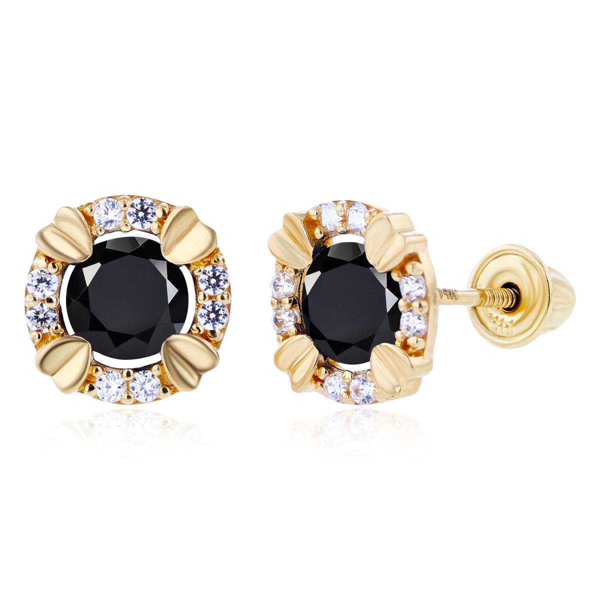 Sterling Silver Yellow 4mm Round Onyx & 1mm Created White Sapphire Halo Screwback Earrings