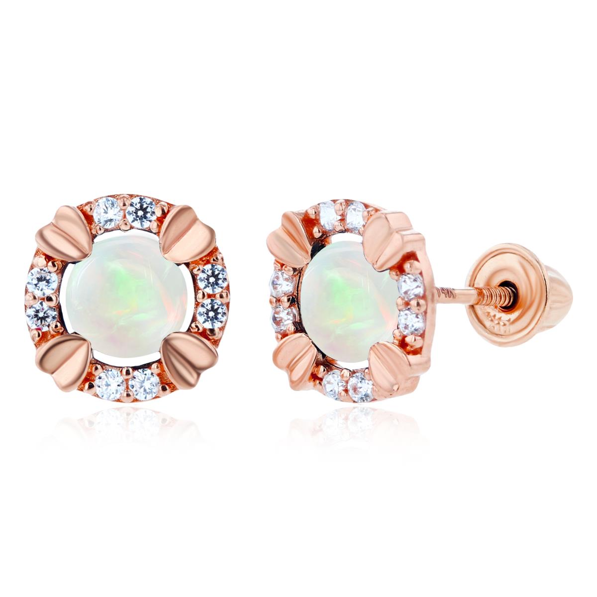 Sterling Silver Rose 4mm Round Opal & 1mm Created White Sapphire Halo Screwback Earrings