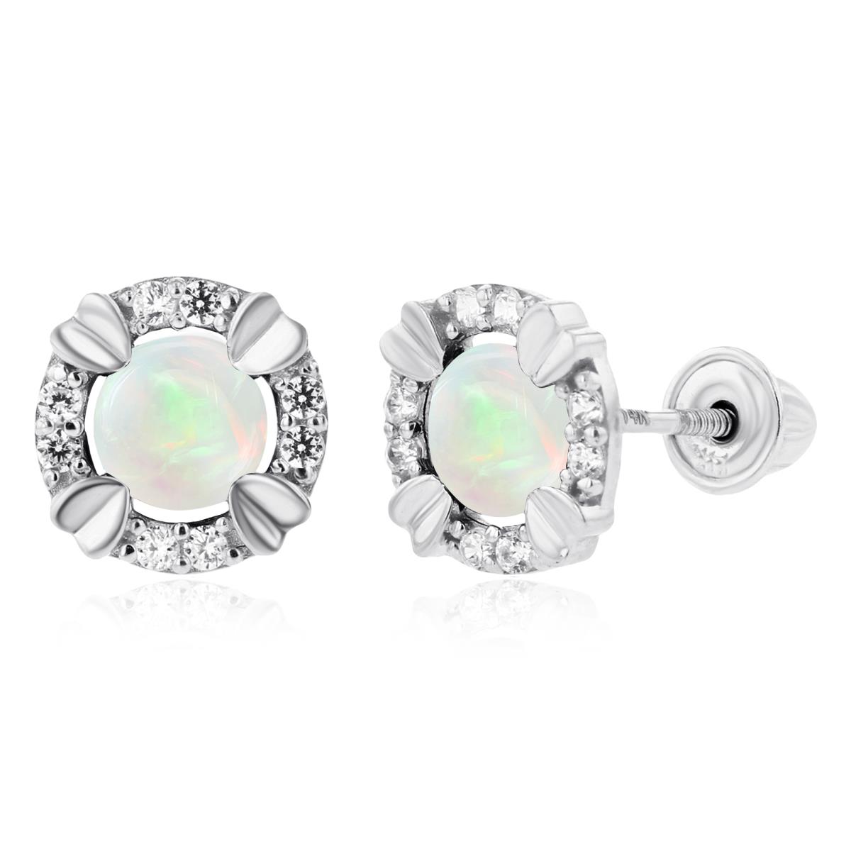 Sterling Silver Rhodium 4mm Round Opal & 1mm Created White Sapphire Halo Screwback Earrings