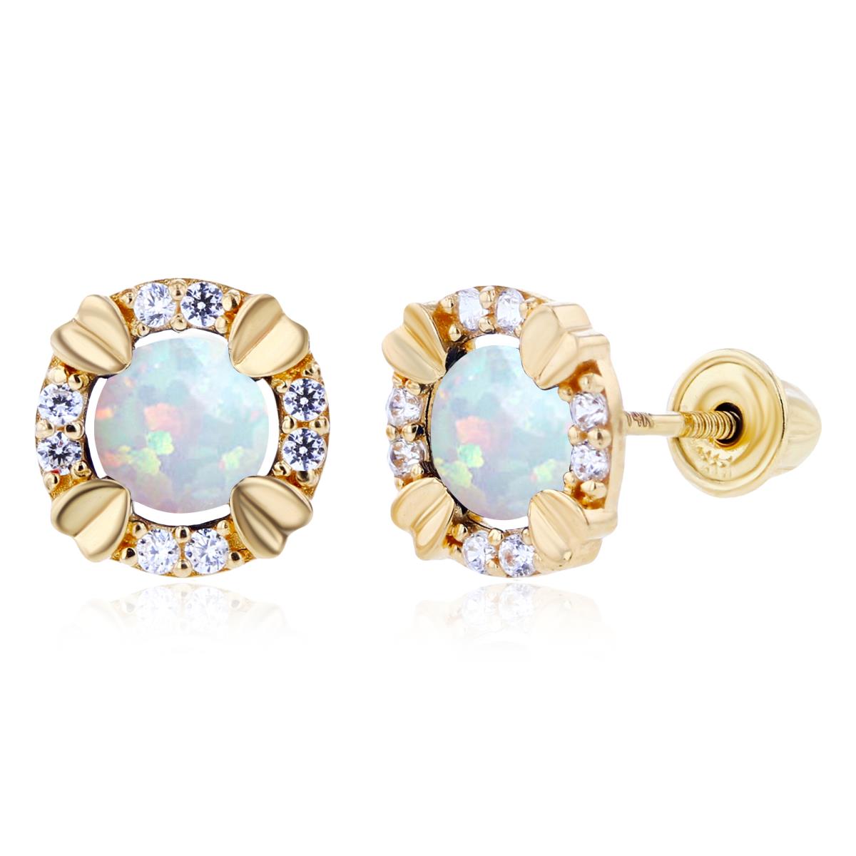 Sterling Silver Yellow 4mm Round Created Opal & 1mm Created White Sapphire Halo Screwback Earrings