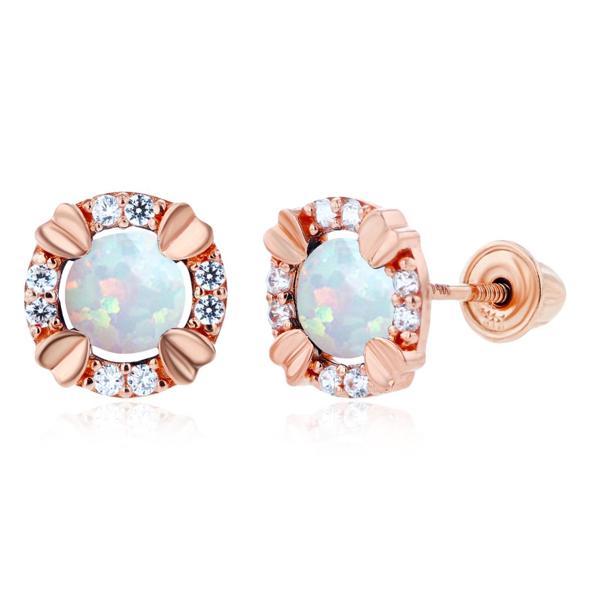 Sterling Silver Rose 4mm Round Created Opal & 1mm Created White Sapphire Halo Screwback Earrings