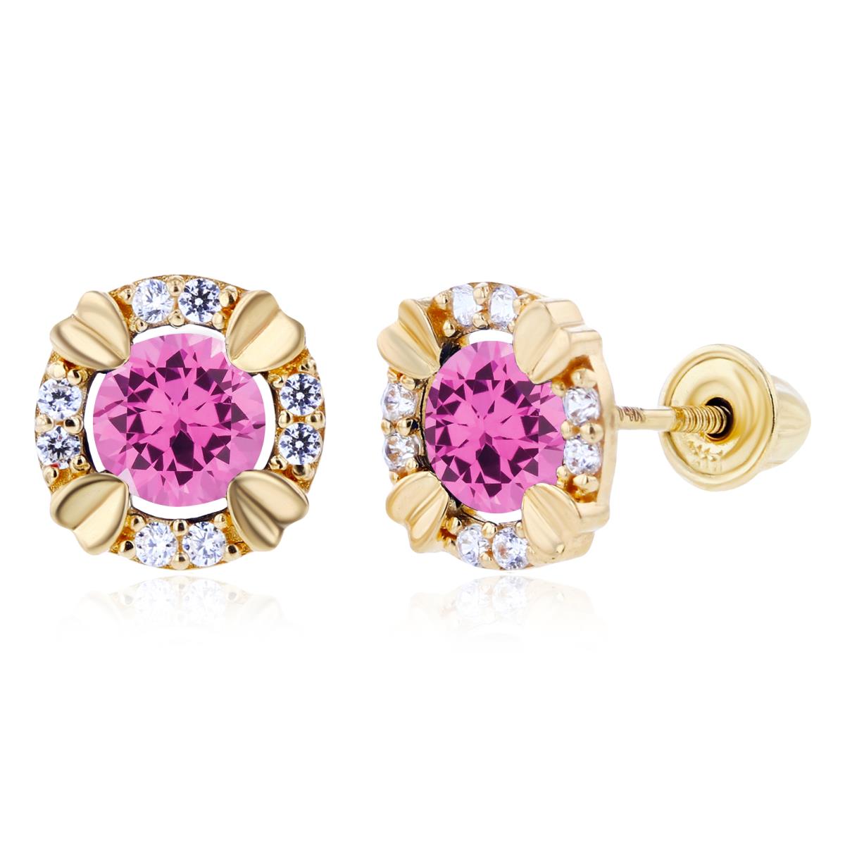 Sterling Silver Yellow 4mm Round Created Pink Sapphire & 1mm Created White Sapphire Halo Screwback Earrings