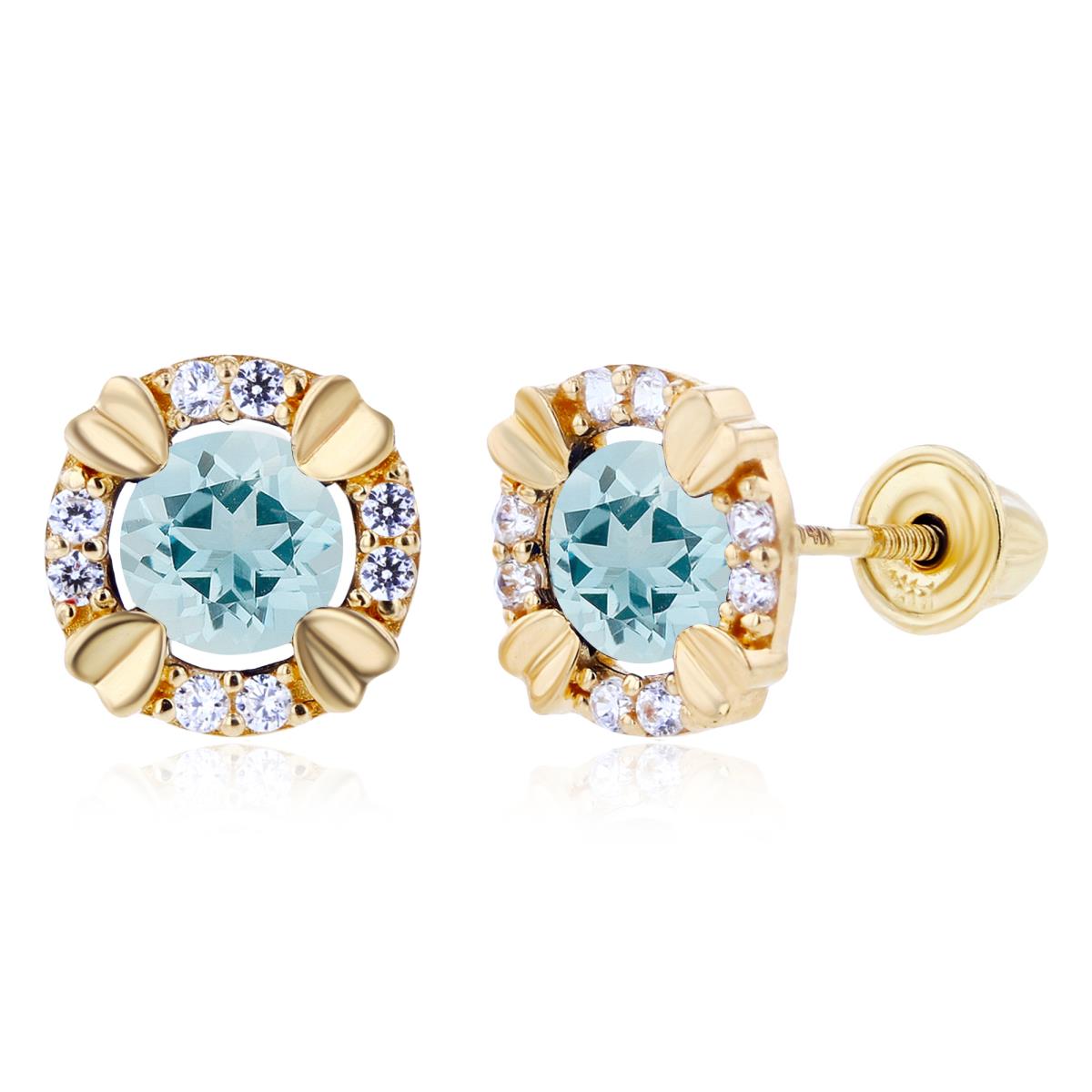 Sterling Silver Yellow 4mm Round Aquamarine & 1mm Created White Sapphire Halo Screwback Earrings