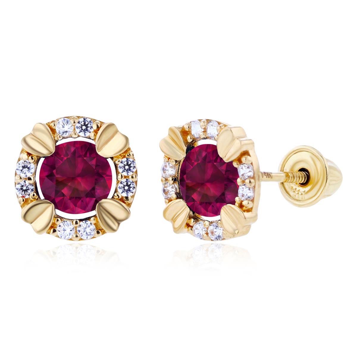 Sterling Silver Yellow 4mm Round Created Ruby & 1mm Created White Sapphire Halo Screwback Earrings