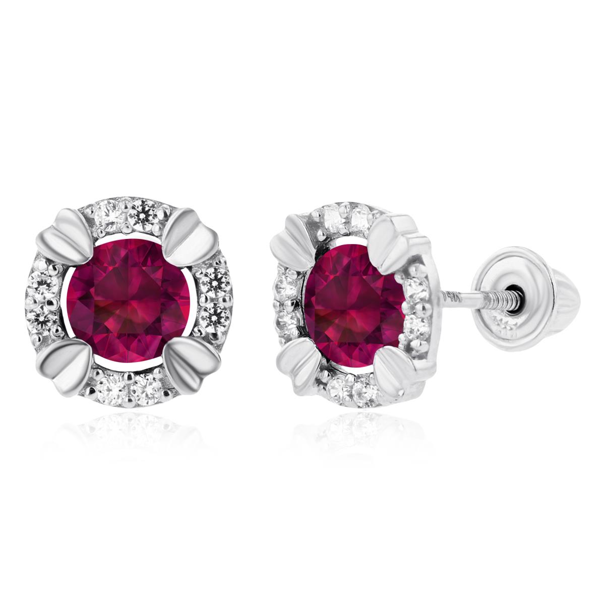 Sterling Silver Rhodium 4mm Round Created Ruby & 1mm Created White Sapphire Halo Screwback Earrings