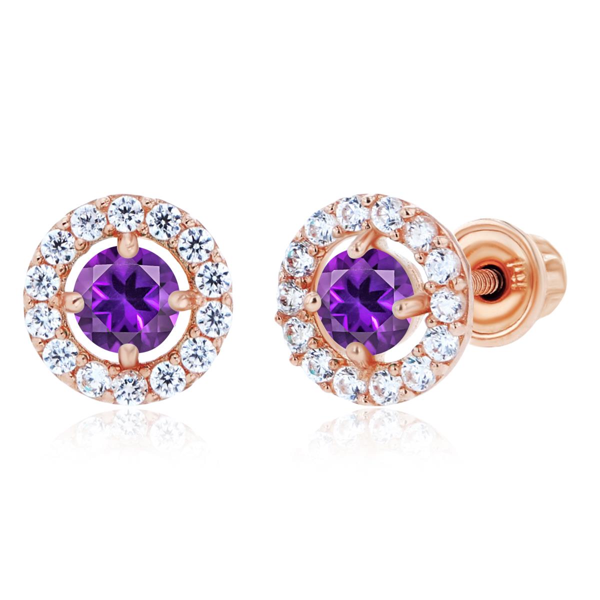 Sterling Silver Rose 3mm Amethyst & 1mm Created White Sapphire Halo Screwback Earrings