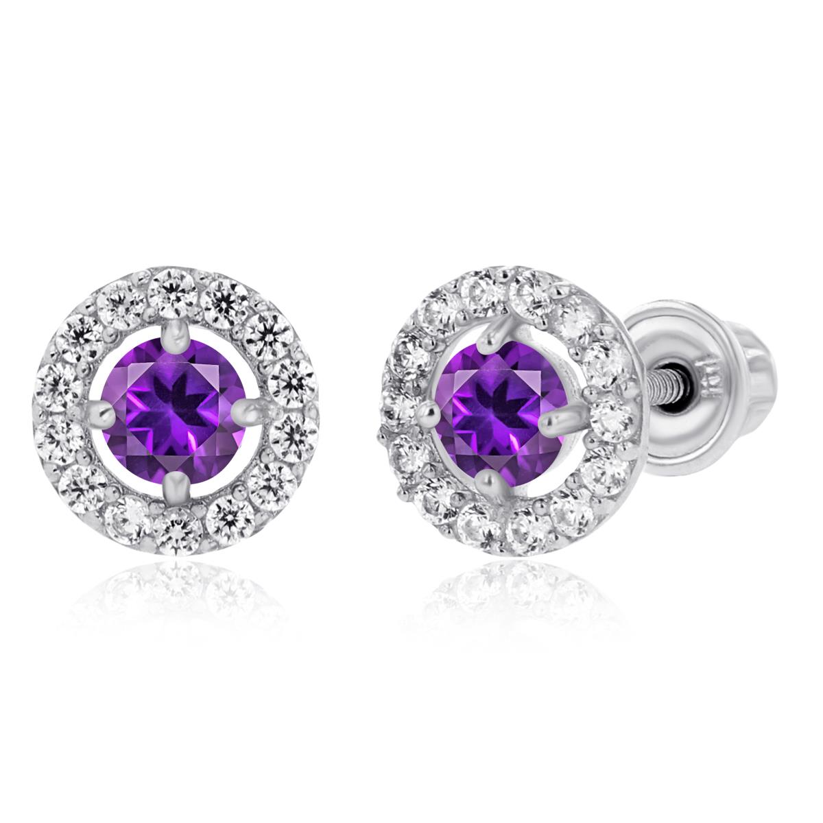 Sterling Silver Rhodium 3mm Amethyst & 1mm Created White Sapphire Halo Screwback Earrings