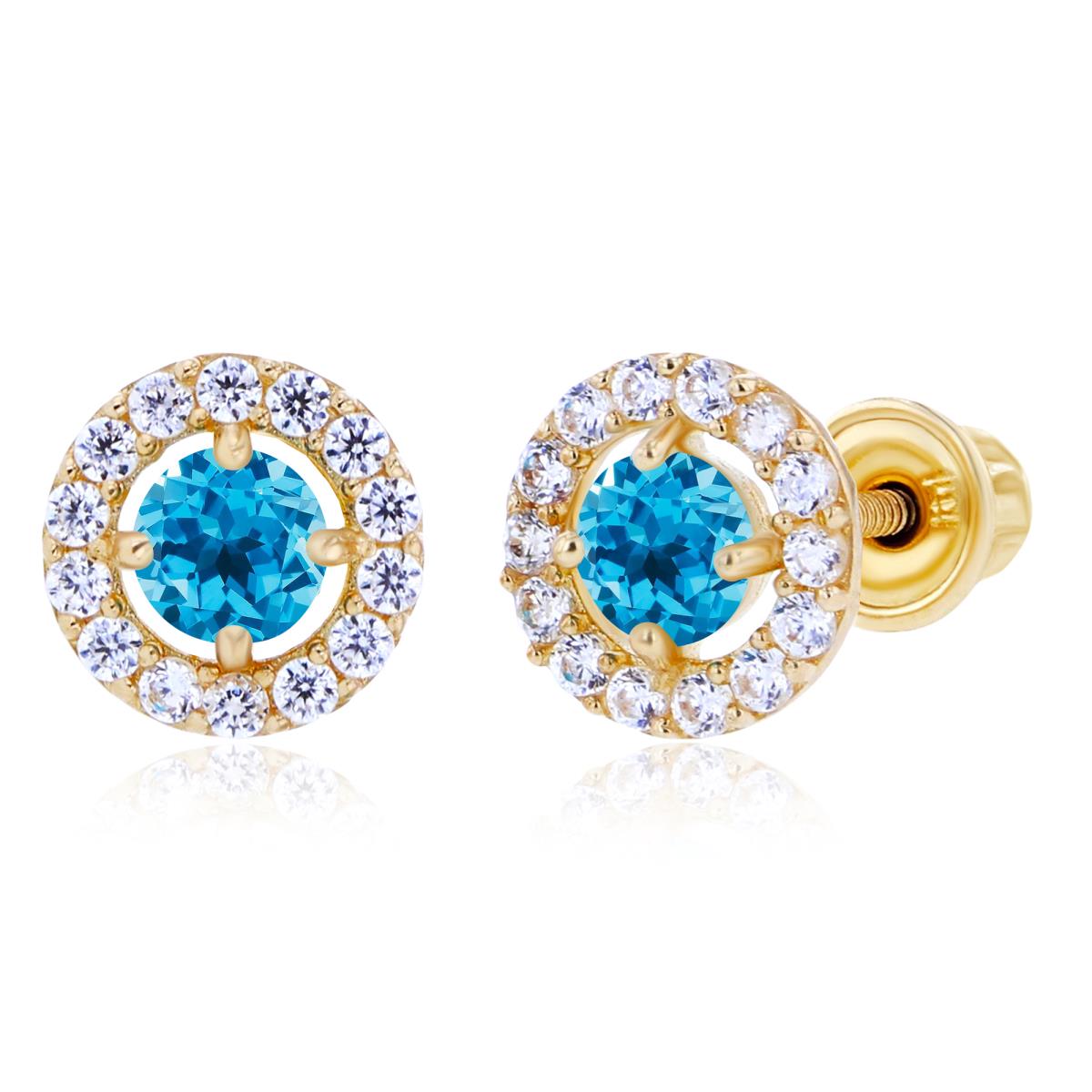 Sterling Silver Yellow 3mm Swiss Blue Topaz & 1mm Created White Sapphire Halo Screwback Earrings
