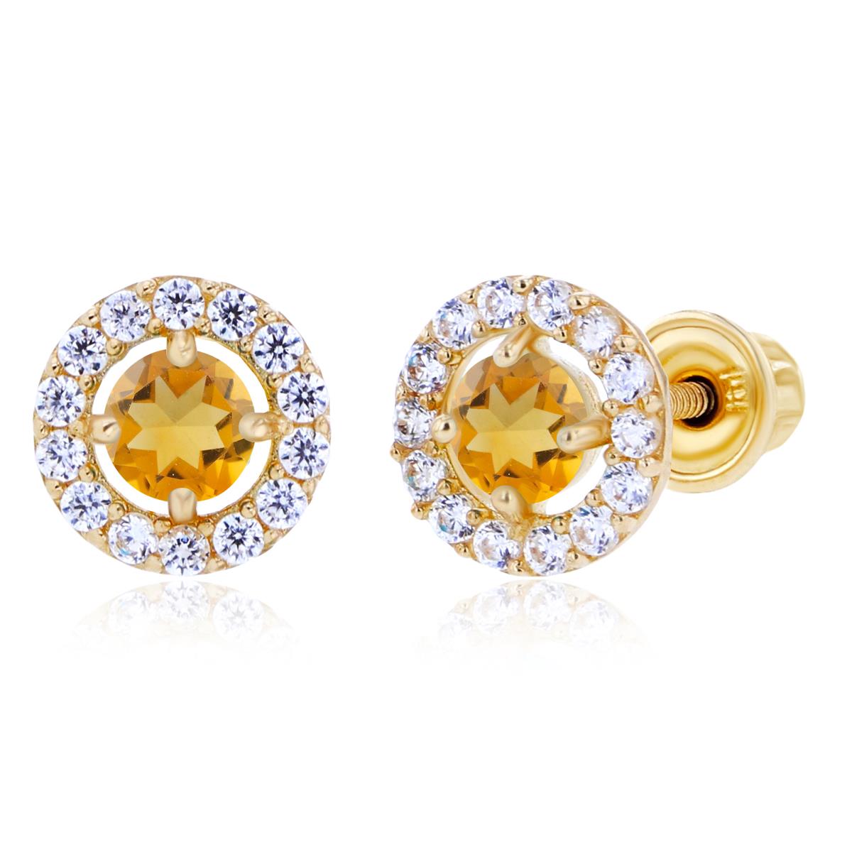 Sterling Silver Yellow 3mm Citrine & 1mm Created White Sapphire Halo Screwback Earrings