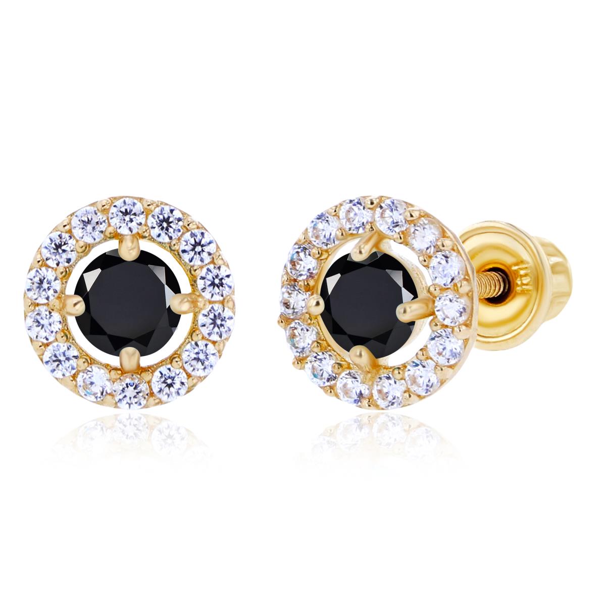 Sterling Silver Yellow 3mm Onyx & 1mm Created White Sapphire Halo Screwback Earrings