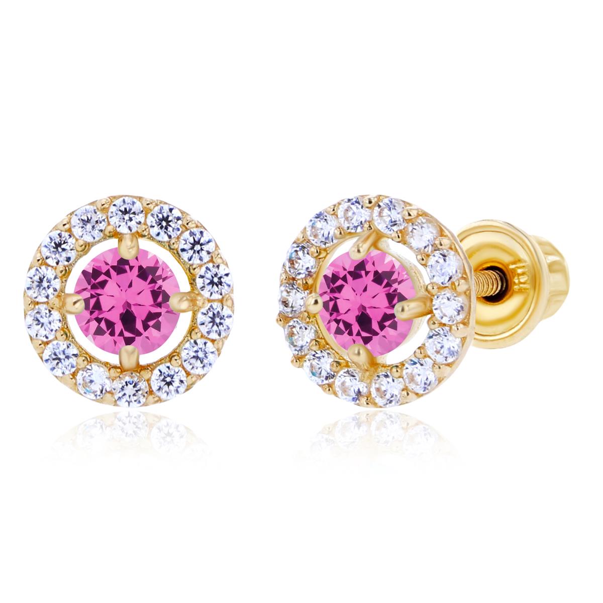Sterling Silver Yellow 3mm Created Pink Sapphire & 1mm Created White Sapphire Halo Screwback Earrings
