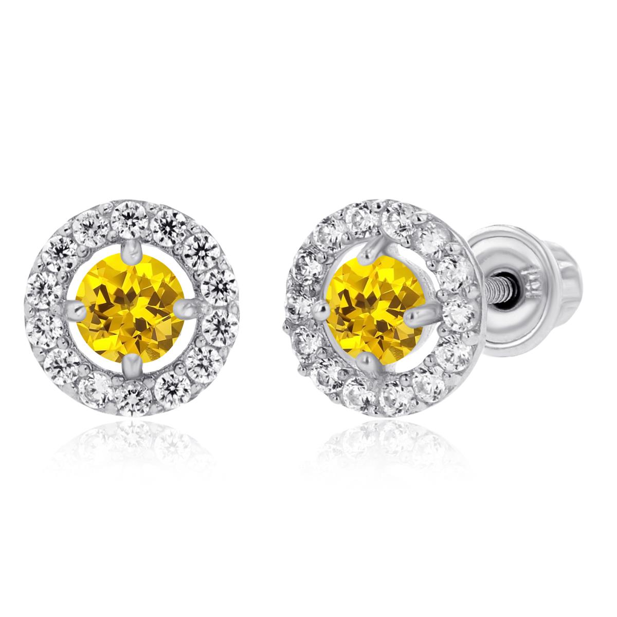 Sterling Silver Rhodium 3mm Created Yellow Sapphire & 1mm Created White Sapphire Halo Screwback Earrings