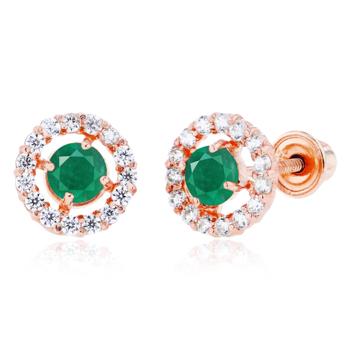 Sterling Silver Rose 3mm Emerald & 1mm Created White Sapphire Halo Screwback Earrings