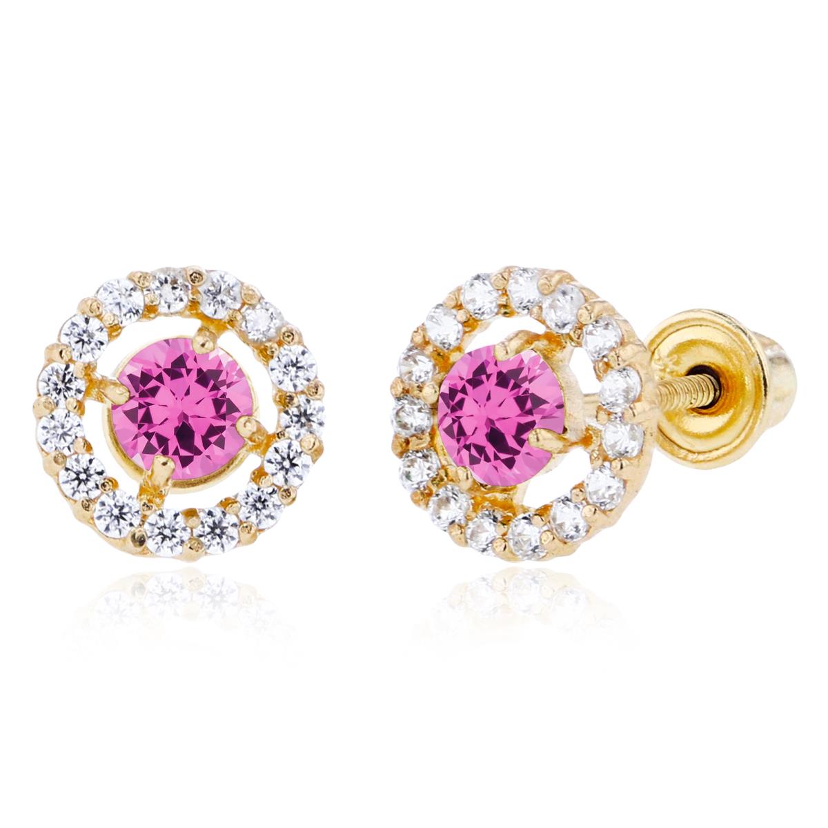 Sterling Silver Yellow 3mm Created Pink Sapphire & 1mm Created White Sapphire Halo Screwback Earrings