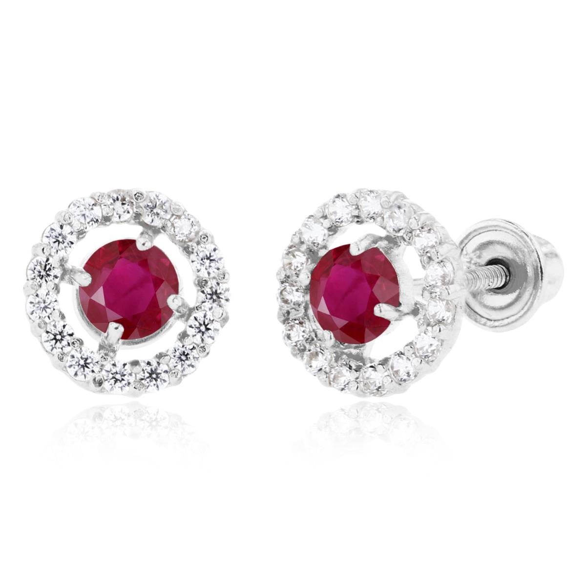 Sterling Silver Rhodium 3mm Ruby & 1mm Created White Sapphire Halo Screwback Earrings