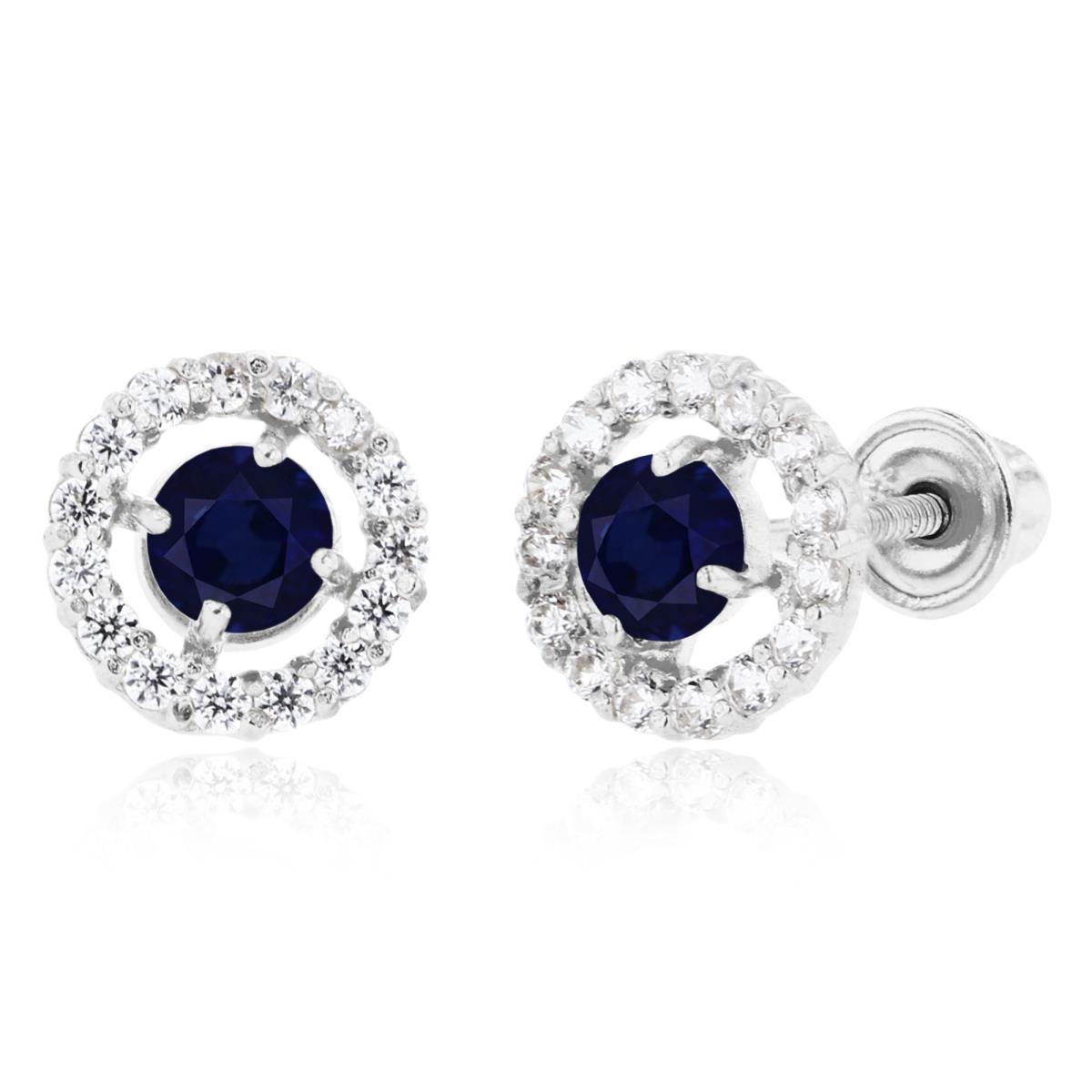 Sterling Silver Rhodium 3mm Sapphire & 1mm Created White Sapphire Halo Screwback Earrings