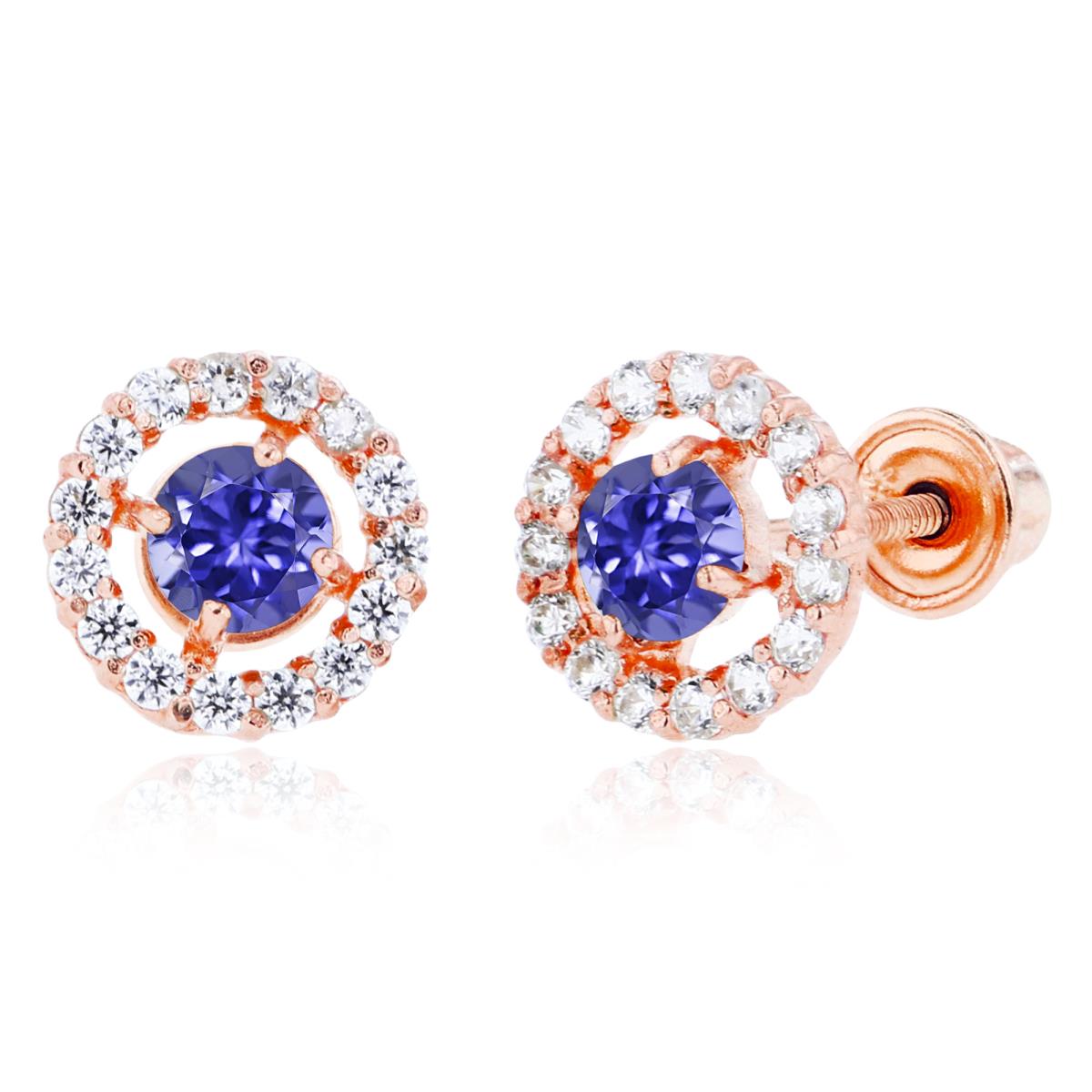 Sterling Silver Rose 3mm Tanzanite & 1mm Created White Sapphire Halo Screwback Earrings