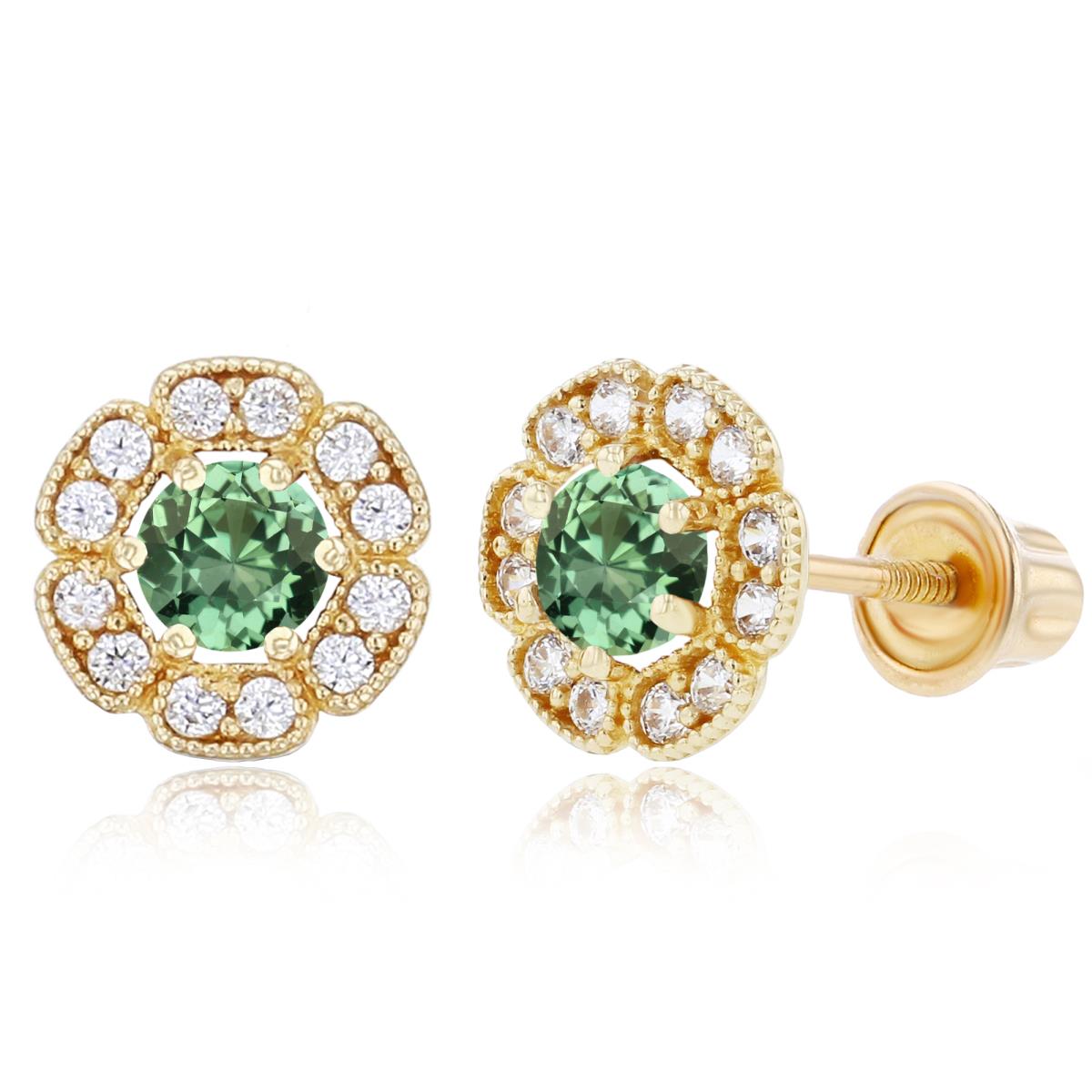 Sterling Silver Yellow 3mm Created Green Sapphire & 1mm Created White Sapphire Flower Screwback Earrings