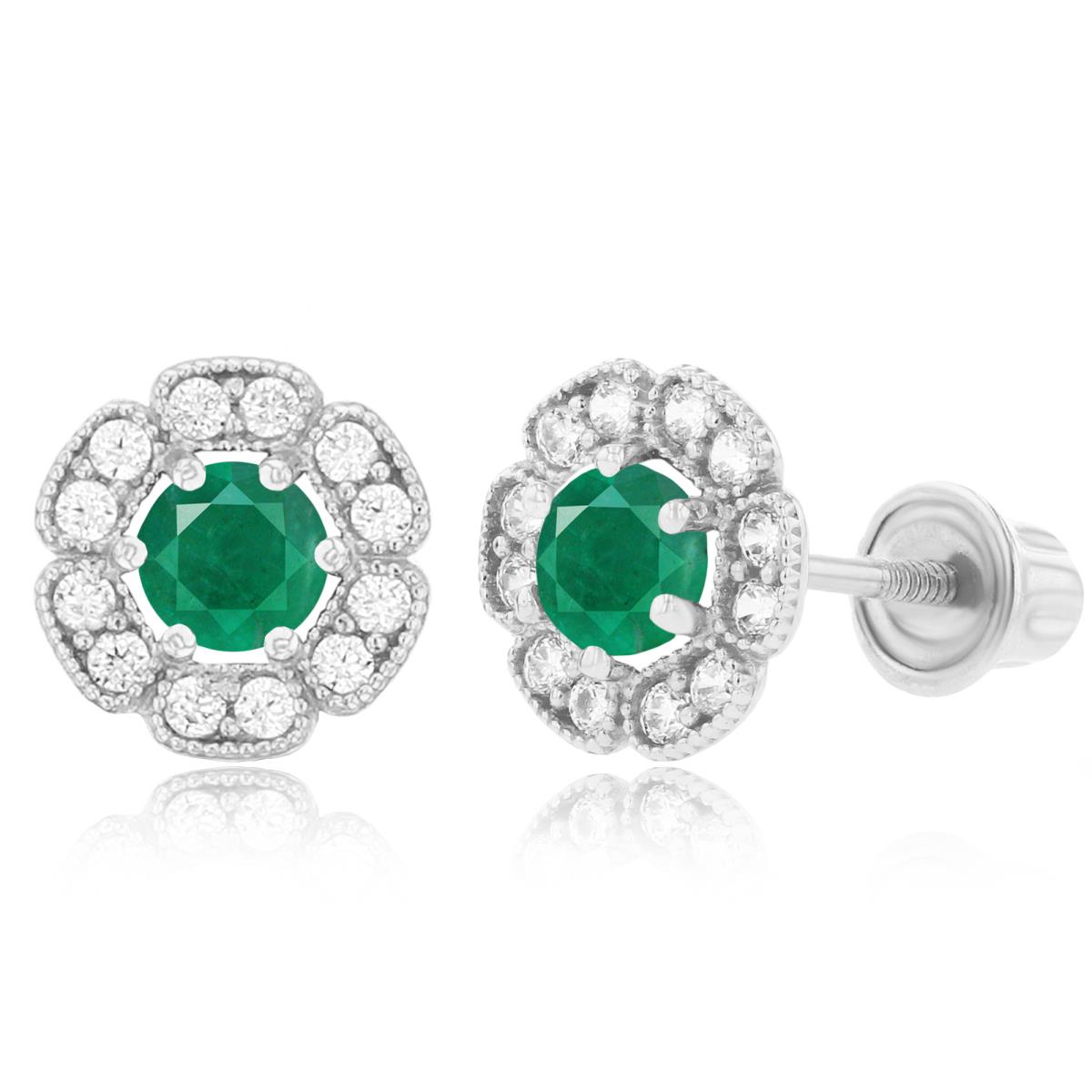 Sterling Silver Rhodium 3mm Emerald & 1mm Created White Sapphire Flower Screwback Earrings