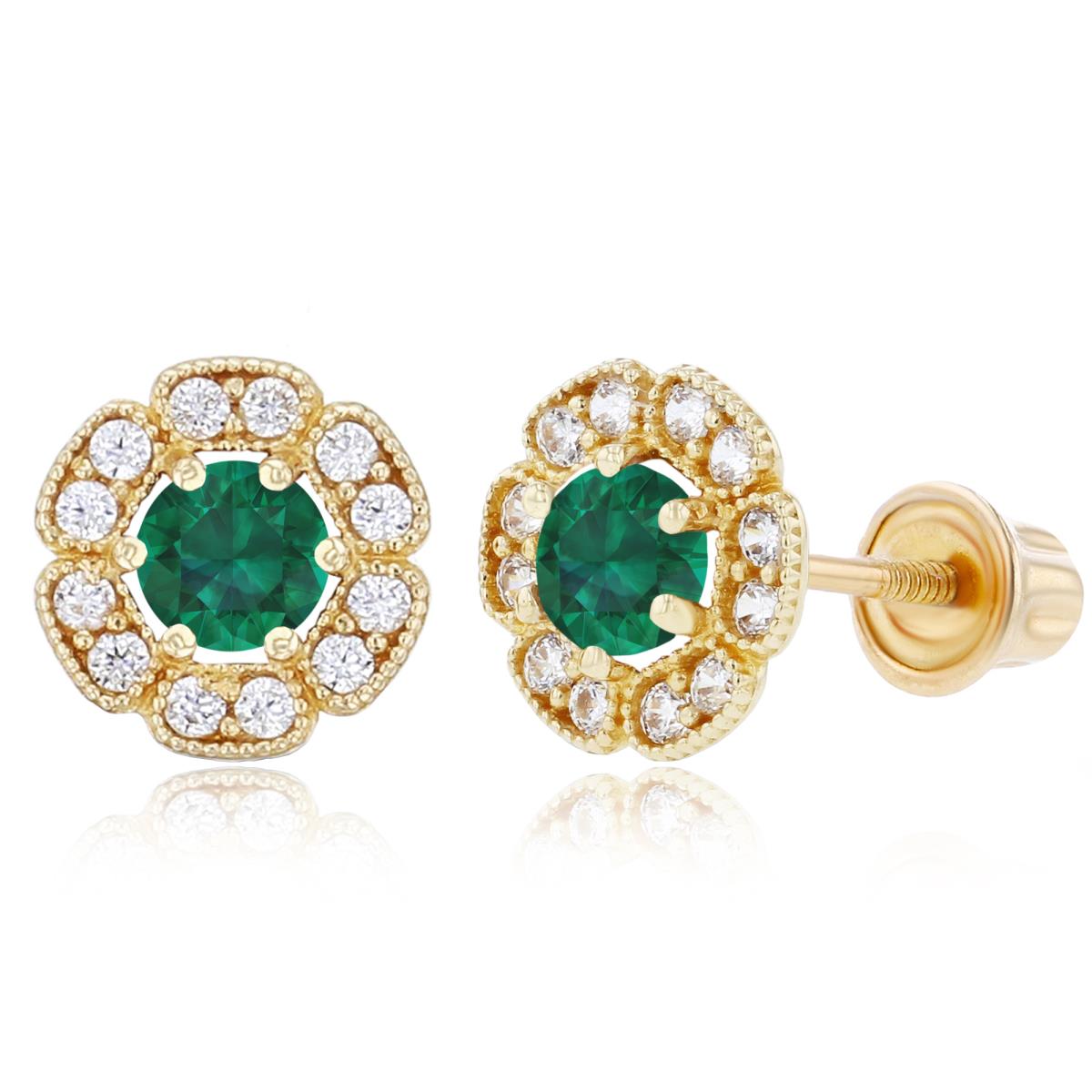 Sterling Silver Yellow 3mm Created Emerald & 1mm Created White Sapphire Flower Screwback Earrings