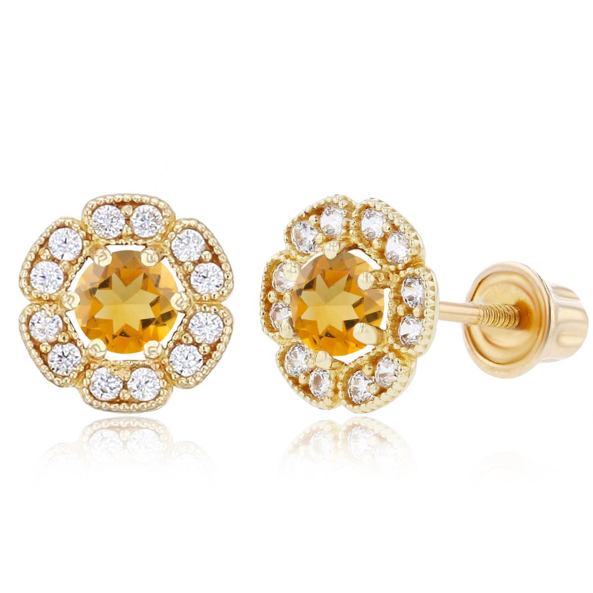 Sterling Silver Yellow 3mm Citrine & 1mm Created White Sapphire Flower Screwback Earrings
