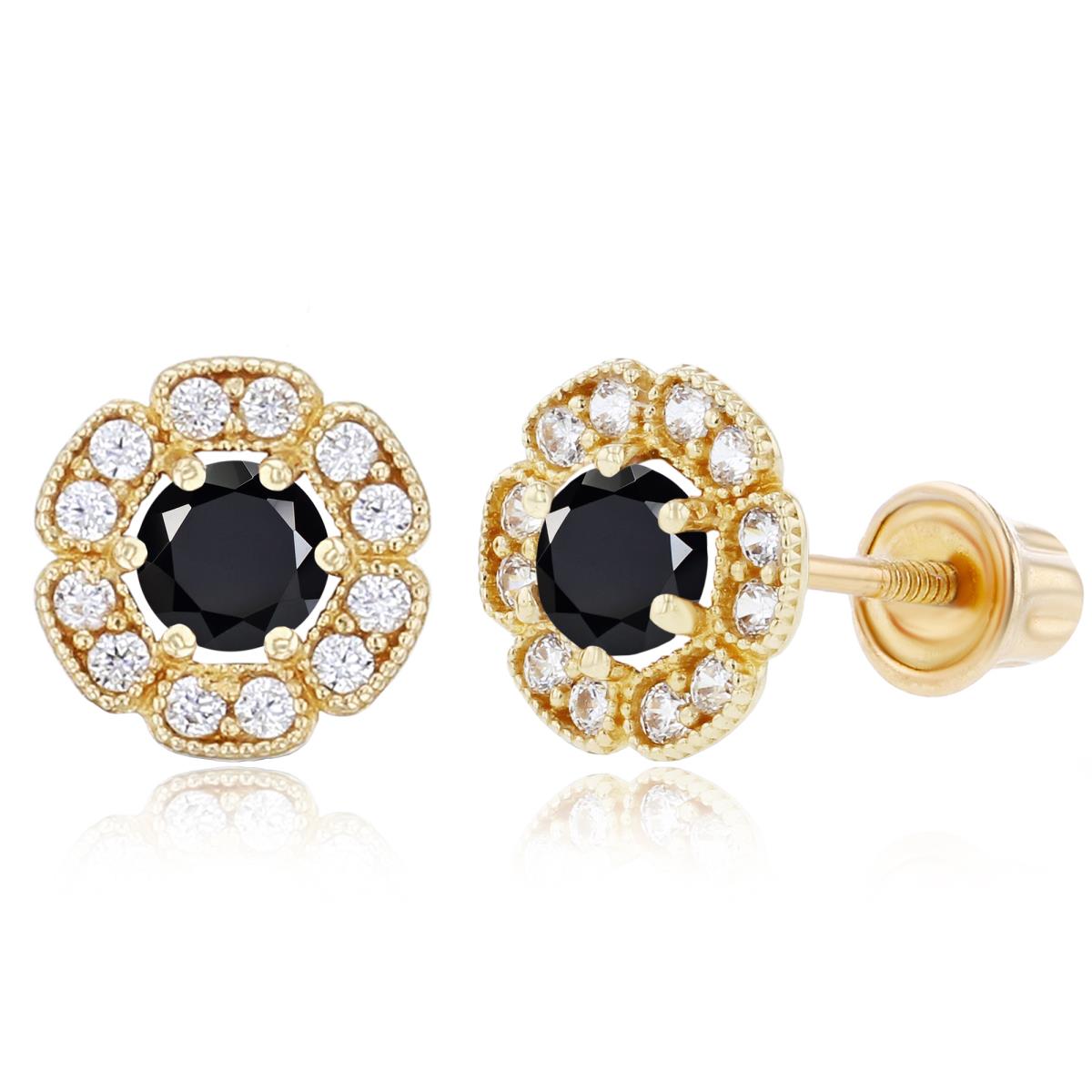Sterling Silver Yellow 3mm Onyx & 1mm Created White Sapphire Flower Screwback Earrings