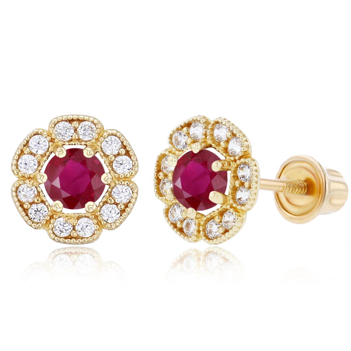 Sterling Silver Yellow 3mm Ruby & 1mm Created White Sapphire Flower Screwback Earrings