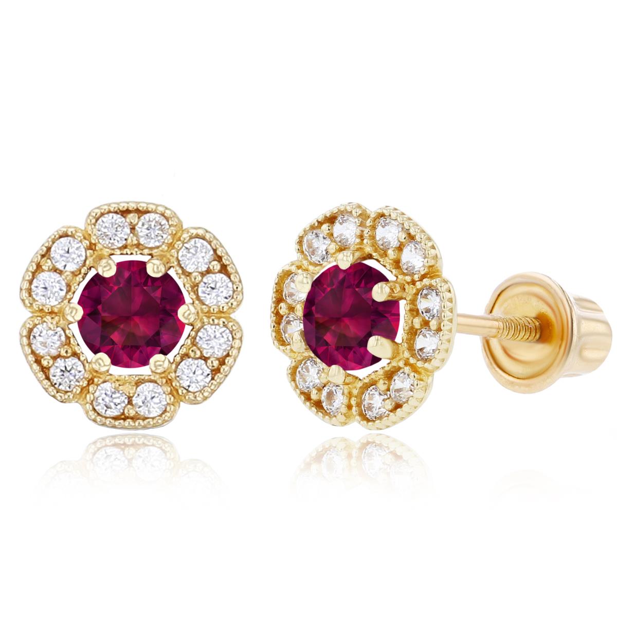 Sterling Silver Yellow 3mm Created Ruby & 1mm Created White Sapphire Flower Screwback Earrings