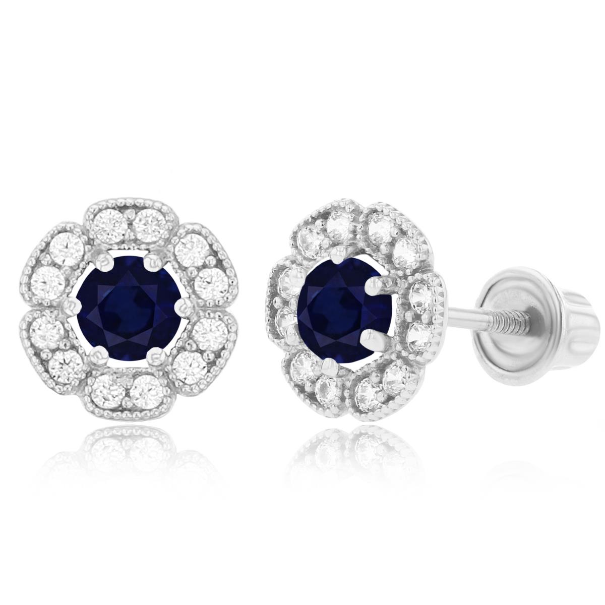 Sterling Silver Rhodium 3mm Sapphire & 1mm Created White Sapphire Flower Screwback Earrings