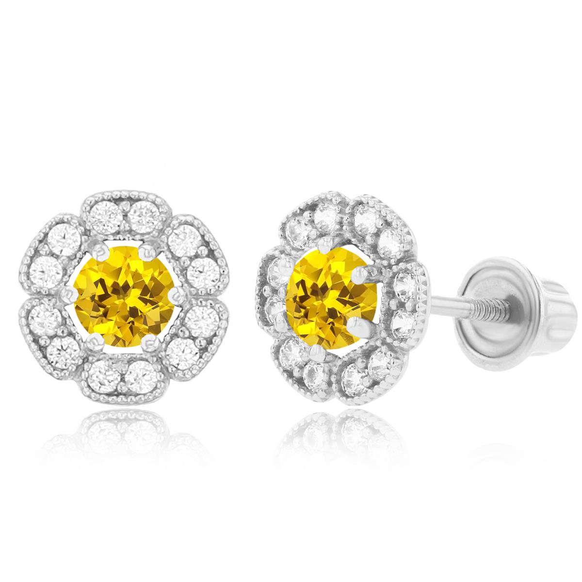 Sterling Silver Rhodium 3mm Created Yellow Sapphire & 1mm Created White Sapphire Flower Screwback Earrings