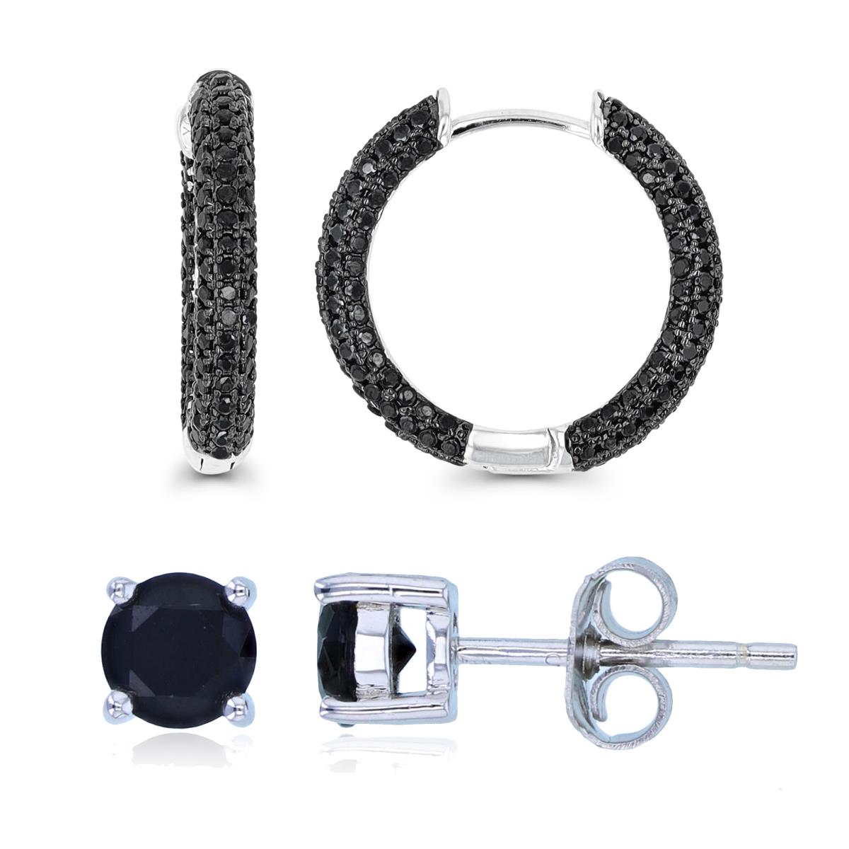 Sterling Silver Rhodium & Black Micropaved Black Spinel Hoop & 5mm RD Stud Earring Set