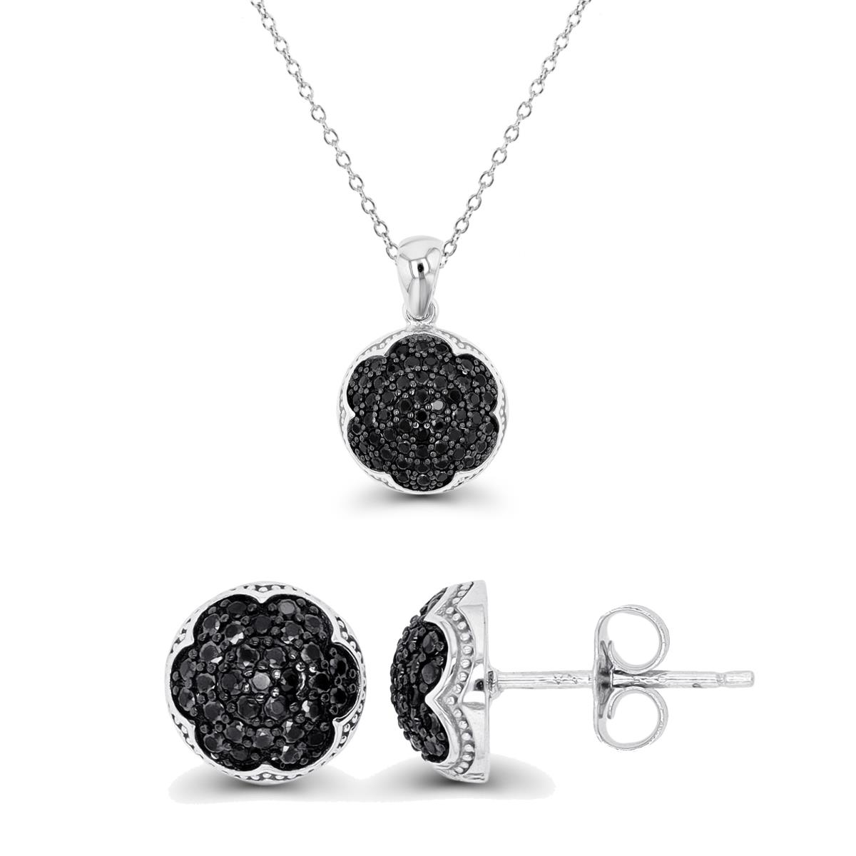 Sterling Silver Rhodium & Black Paved Round Black Spinel Flower 18" Necklace & Earring Set