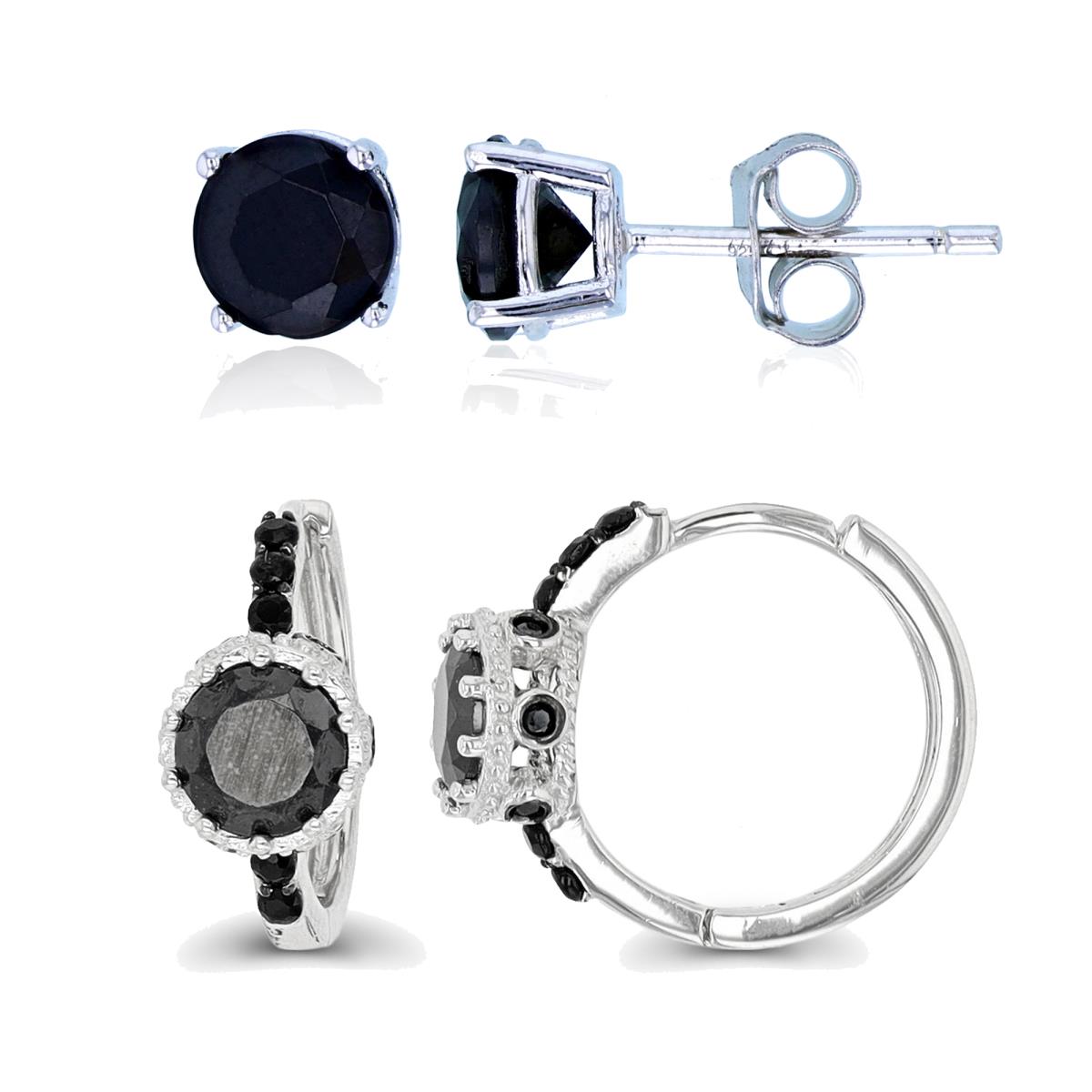 Sterling Silver Rhodium & Black 5.50mm Rd Black Spinel Huggie & 6mm Black Spinel Stud Earring Set