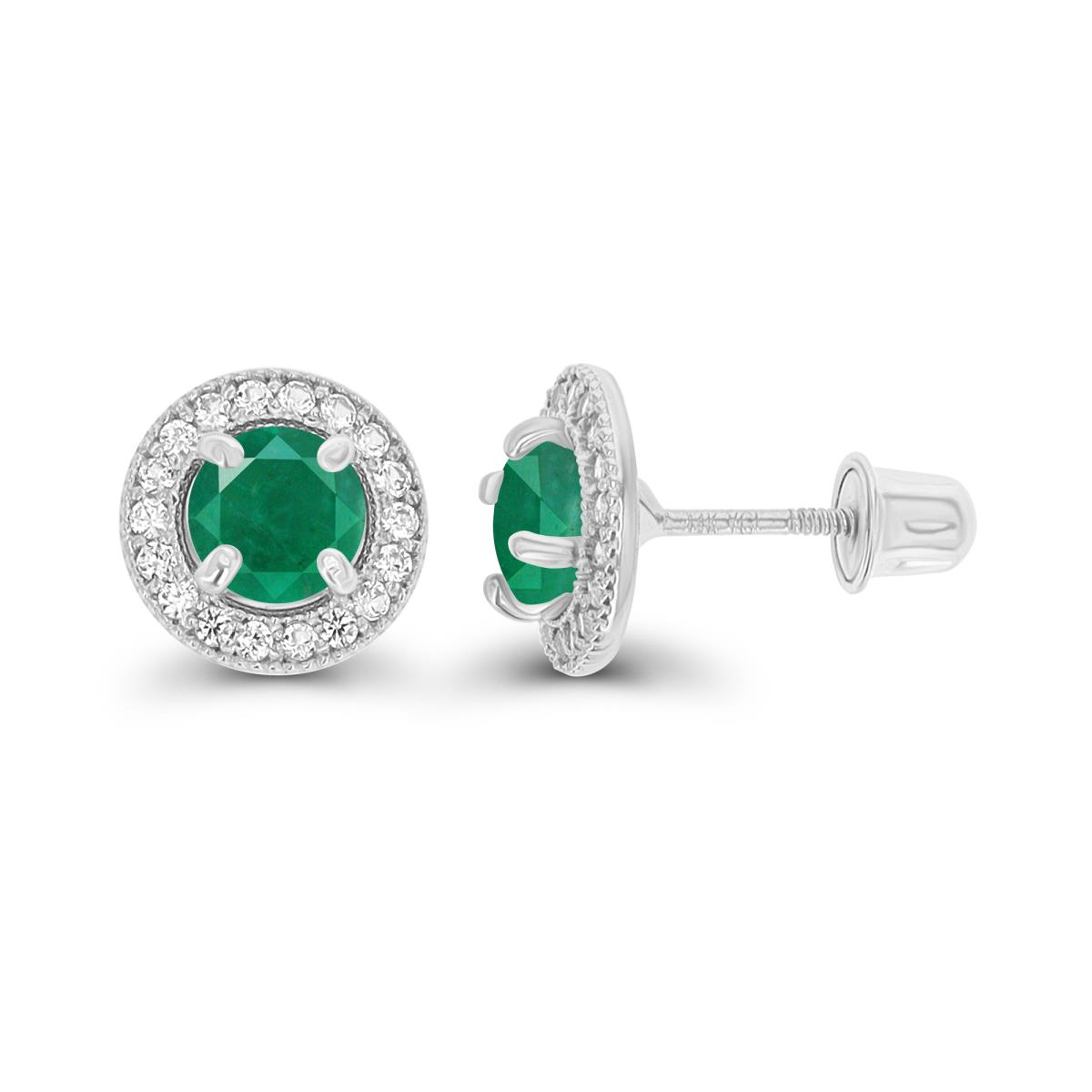 Sterling Silver Rhodium 4.5mm Emerald & 1mm Created White Sapphire Milgrain Halo Screwback Earrings
