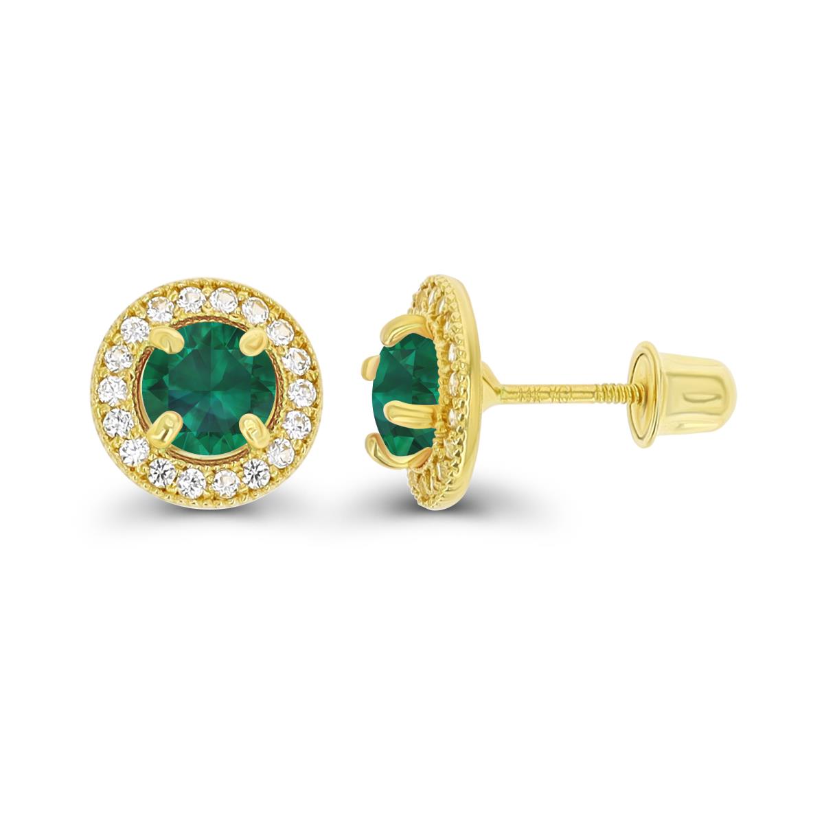 Sterling Silver Yellow 4.5mm Created Emerald & 1mm Created White Sapphire Milgrain Halo Screwback Earrings