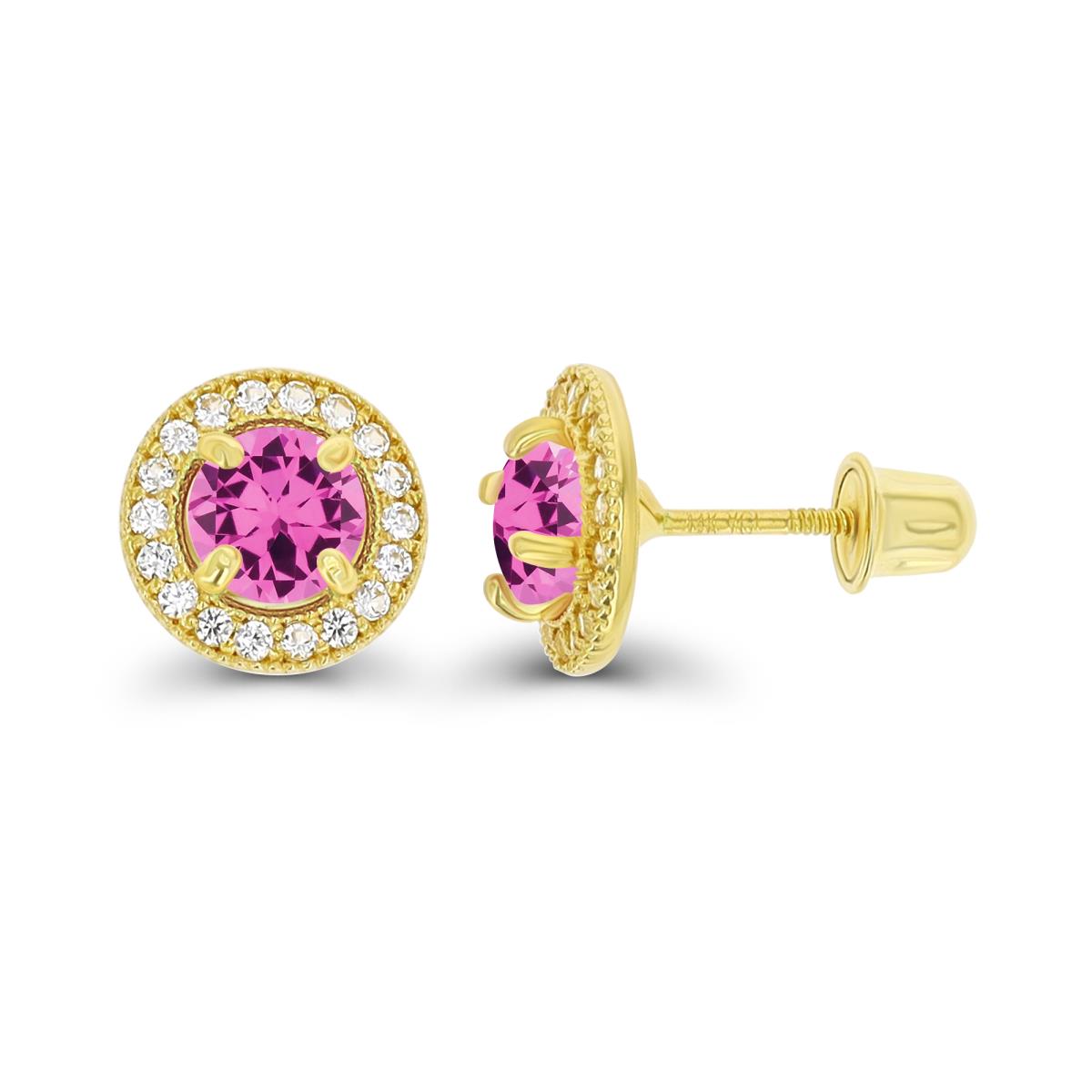 Sterling Silver Yellow 4.5mm Created Pink Sapphire & 1mm Created White Sapphire Milgrain Halo Screwback Earrings