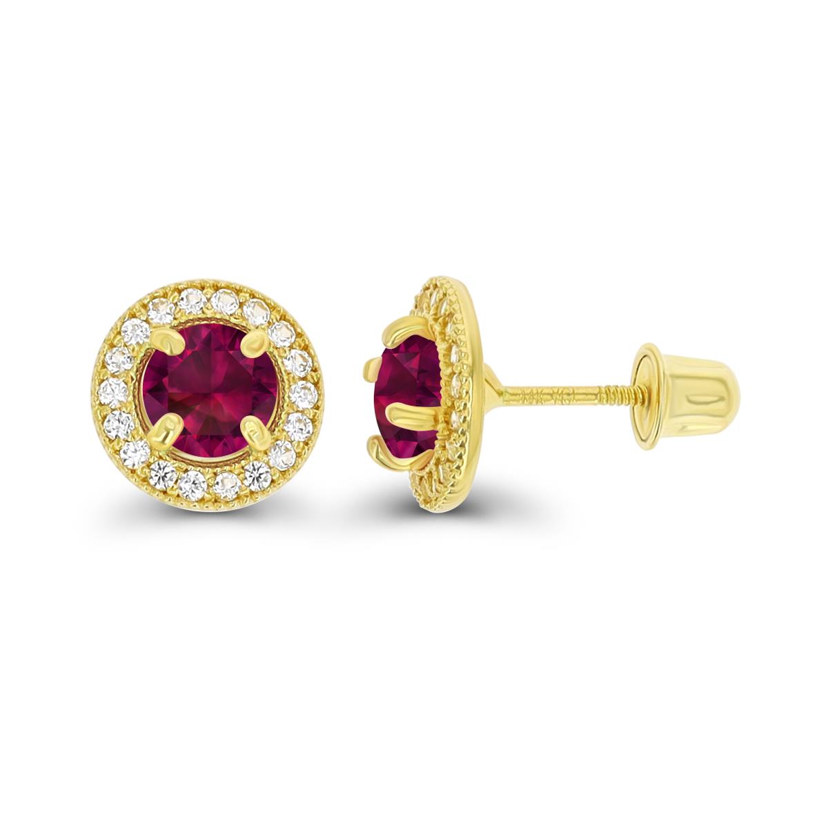 Sterling Silver Yellow 4.5mm Created Ruby & 1mm Created White Sapphire Milgrain Halo Screwback Earrings