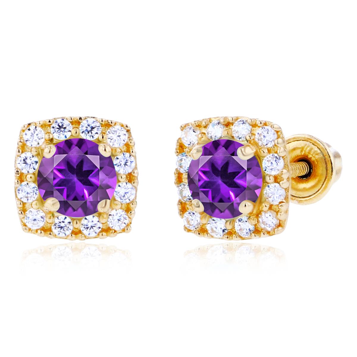 Sterling Silver Yellow 4mm Amethyst & 1mm Created White Sapphire Cushion Halo Screwback Earrings