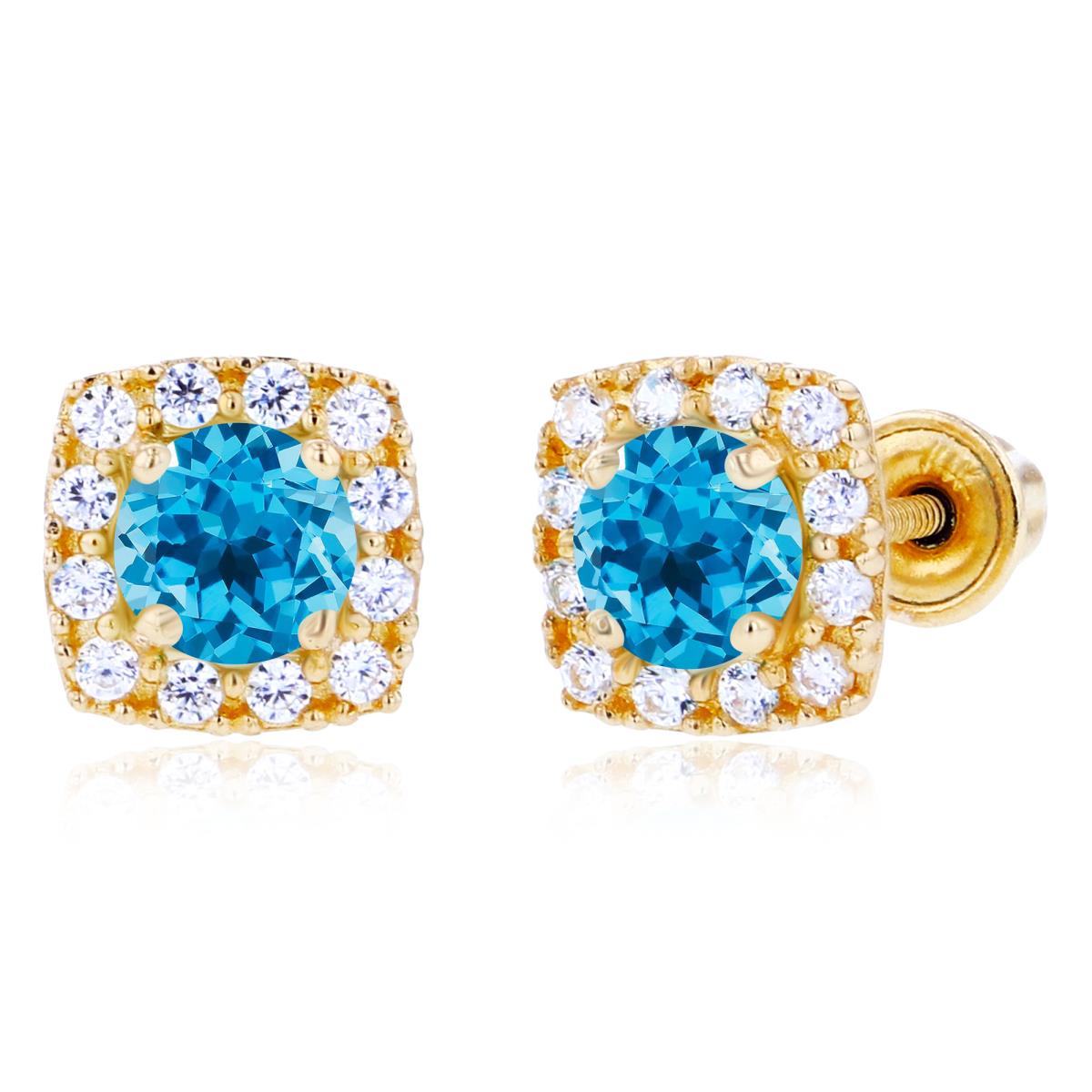 Sterling Silver Yellow 4mm Swiss Blue Topaz & 1mm Created White Sapphire Cushion Halo Screwback Earrings