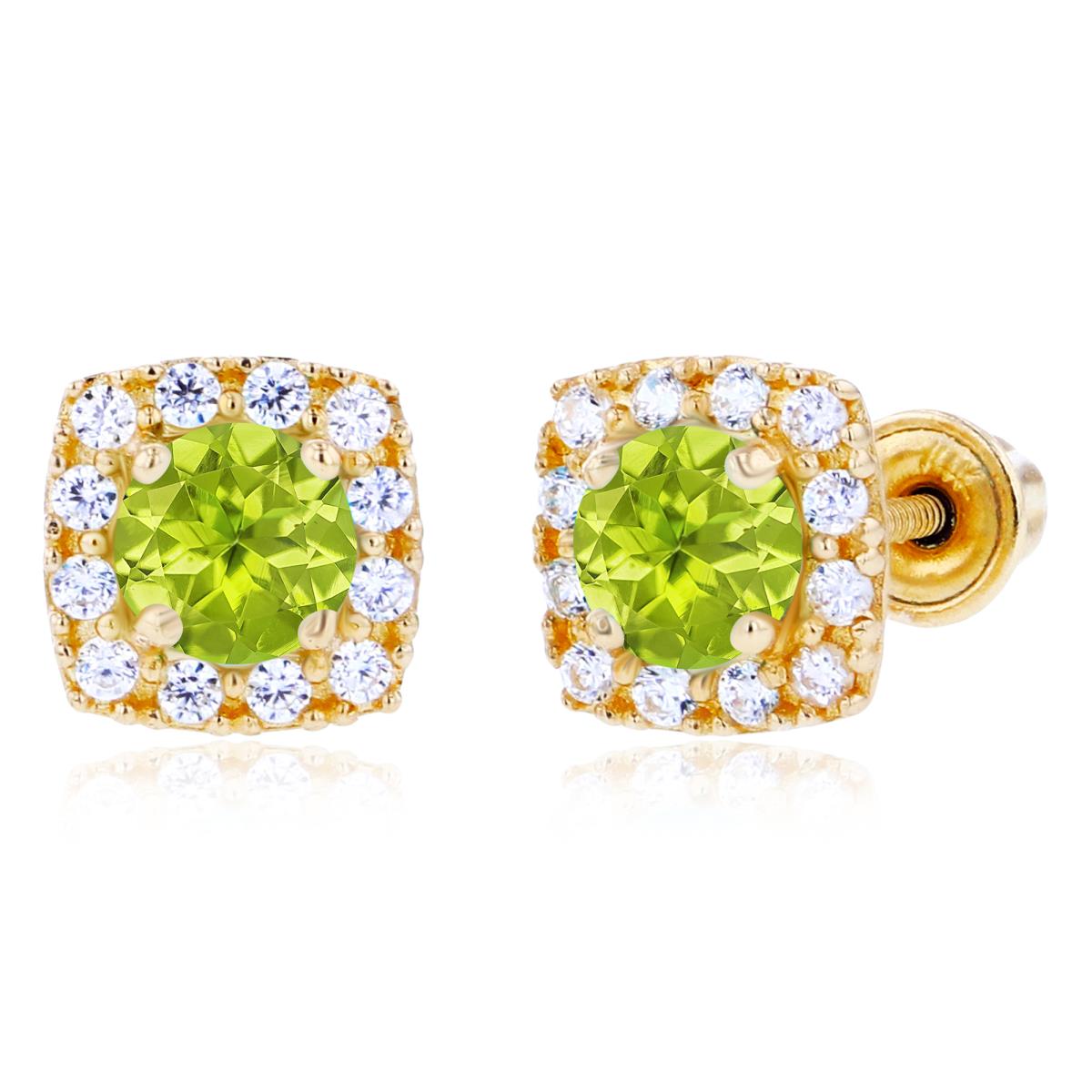 Sterling Silver Yellow 4mm Peridot & 1mm Created White Sapphire Cushion Halo Screwback Earrings