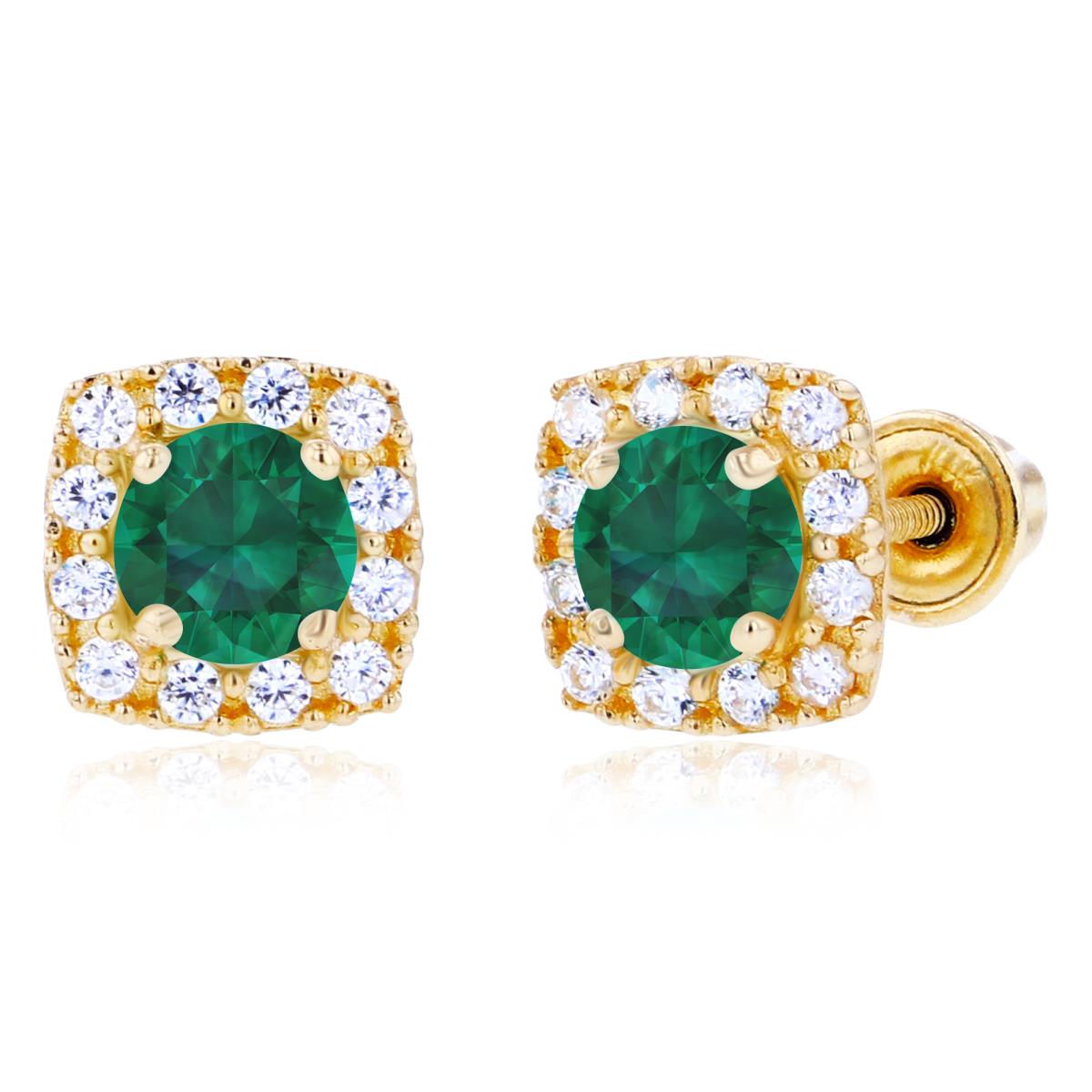 Sterling Silver Yellow 4mm Created Emerald & 1mm Created White Sapphire Cushion Halo Screwback Earrings