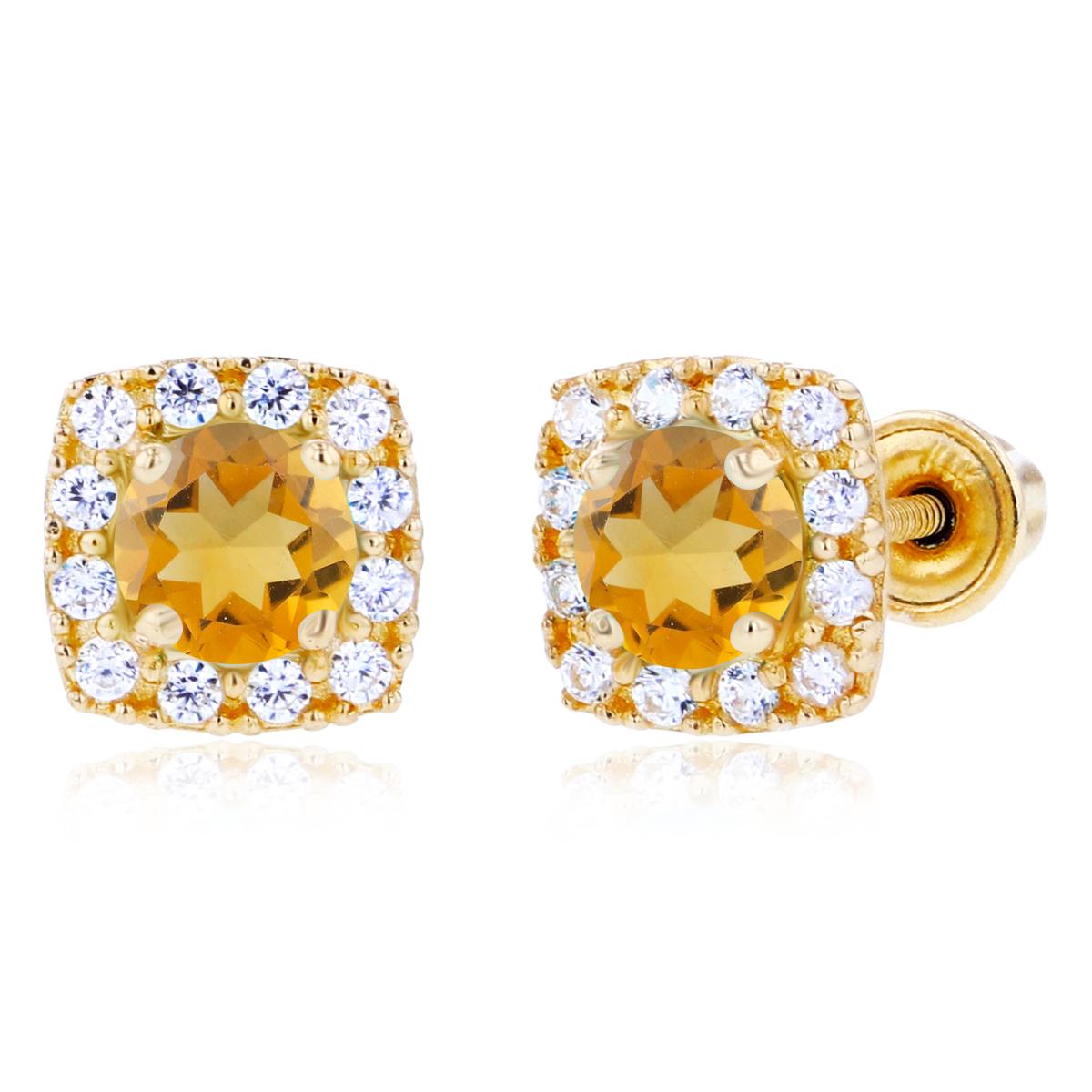 Sterling Silver Yellow 4mm Citrine & 1mm Created White Sapphire Cushion Halo Screwback Earrings