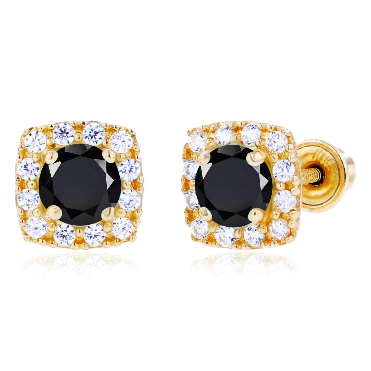 Sterling Silver Yellow 4mm Onyx & 1mm Created White Sapphire Cushion Halo Screwback Earrings