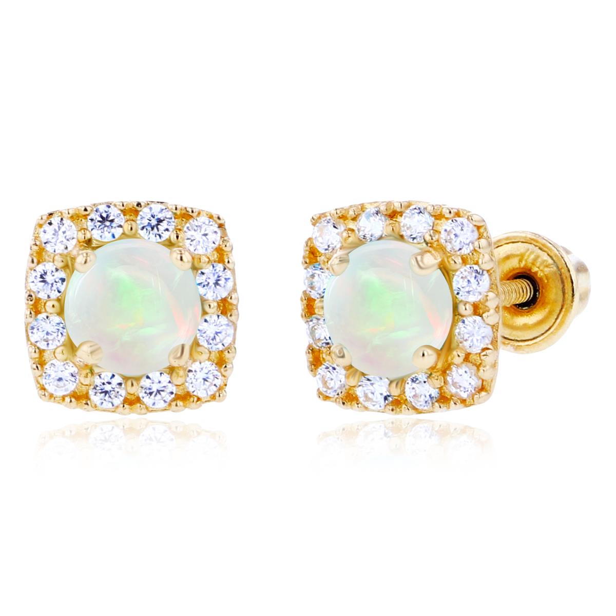 Sterling Silver Yellow 4mm Opal & 1mm Created White Sapphire Cushion Halo Screwback Earrings
