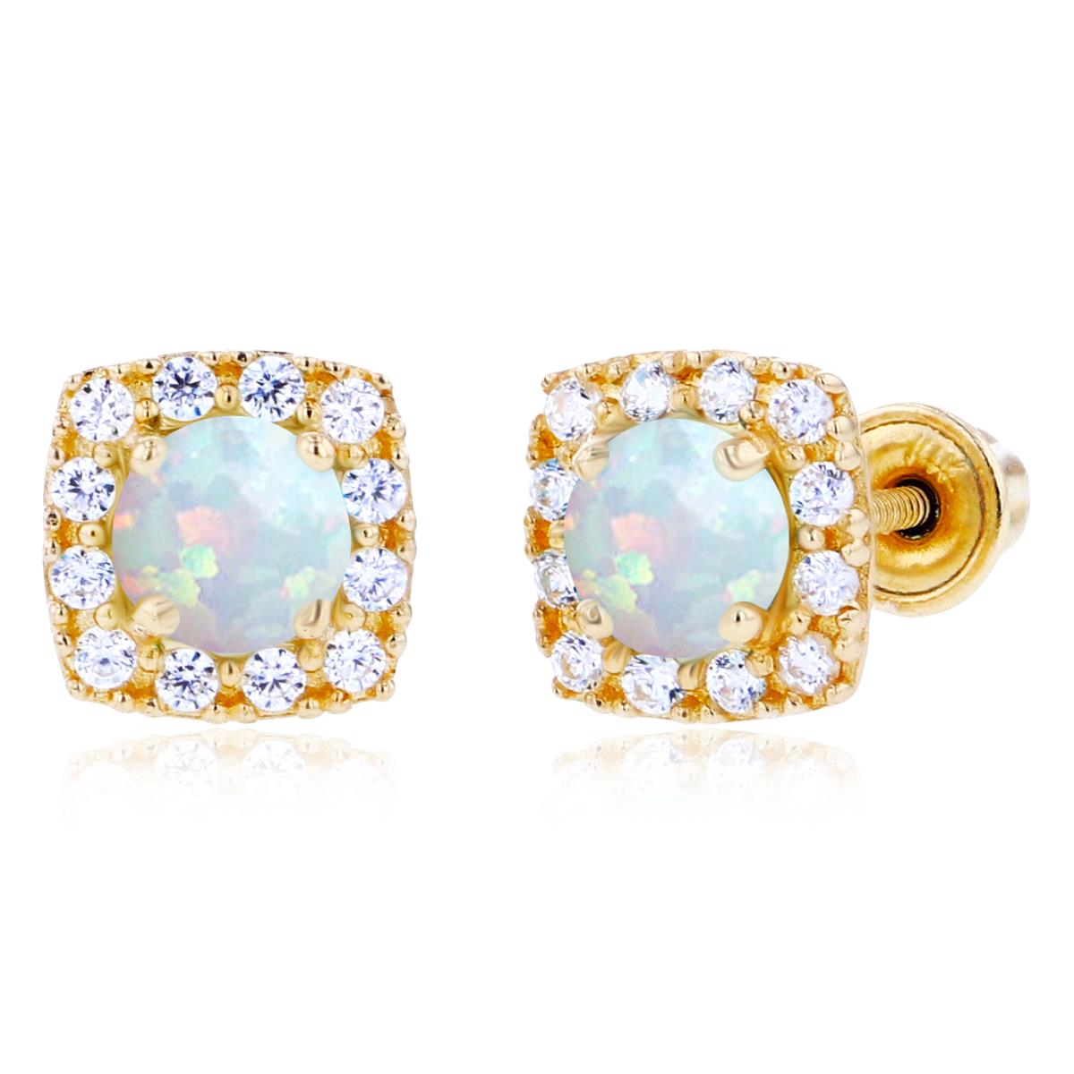 Sterling Silver Yellow 4mm Created Opal & 1mm Created White Sapphire Cushion Halo Screwback Earrings