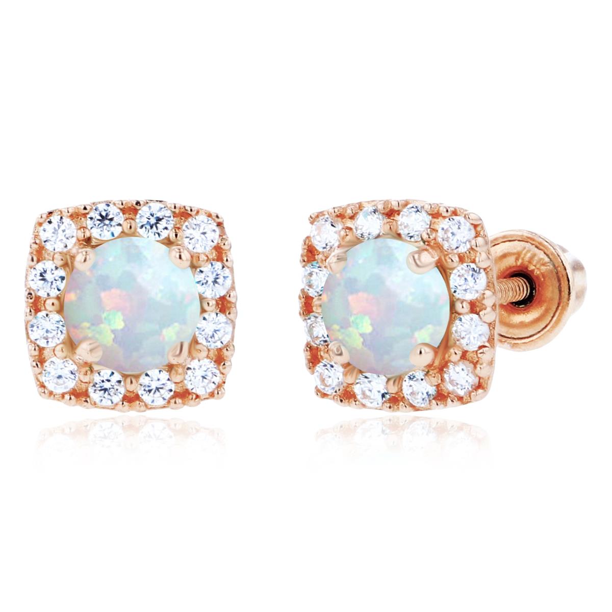 Sterling Silver Rose 4mm Created Opal & 1mm Created White Sapphire Cushion Halo Screwback Earrings